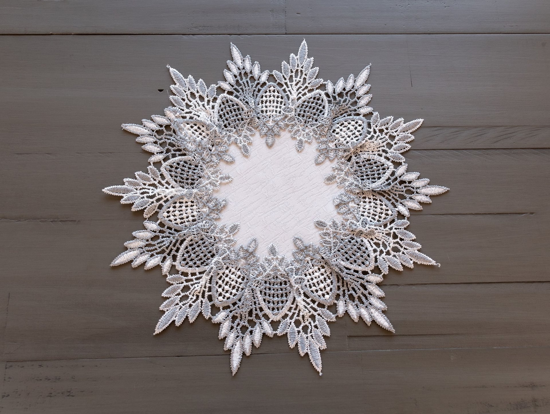Earth Tone Silver Lace on White Doily (12"RD/ 16" RD)