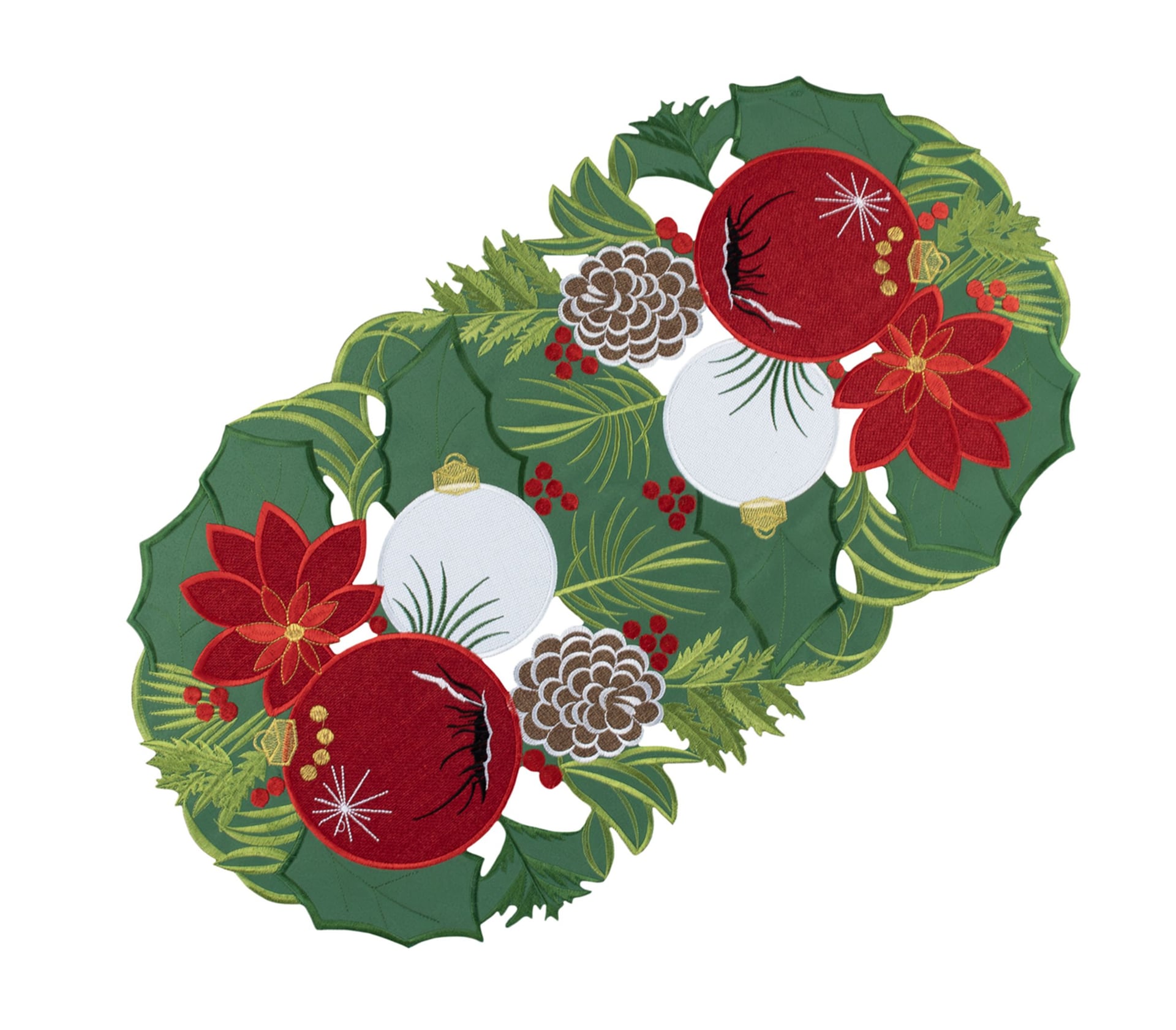 Table Runner Embroidered Forest Green Christmas Cutwork