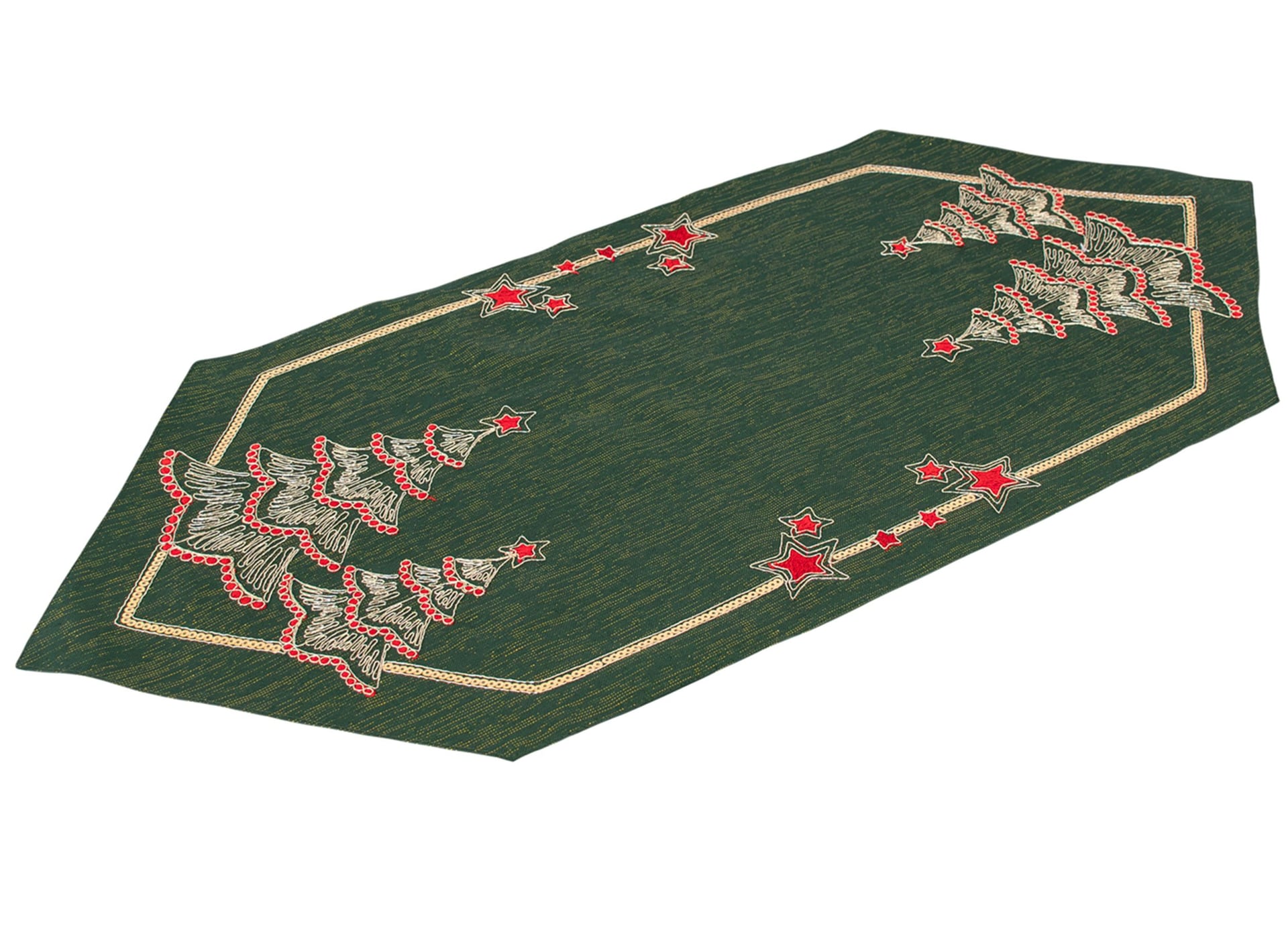 Table Runner Gold Scrollwork Christmas Trees Green Linen