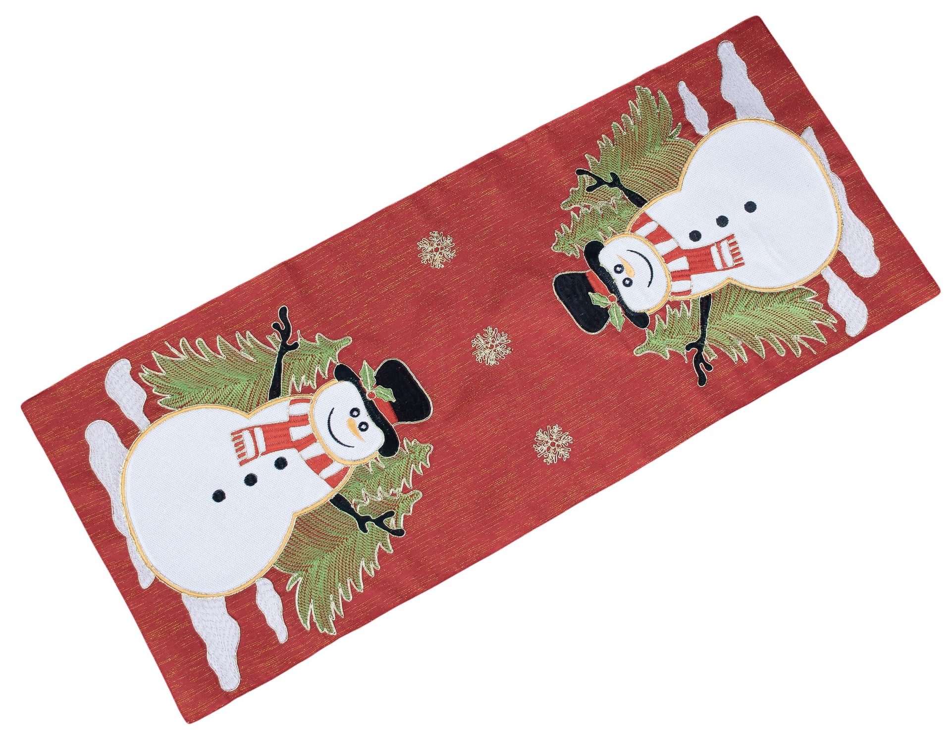 Table Runner Holiday Snowmen and Scrollwork on Red