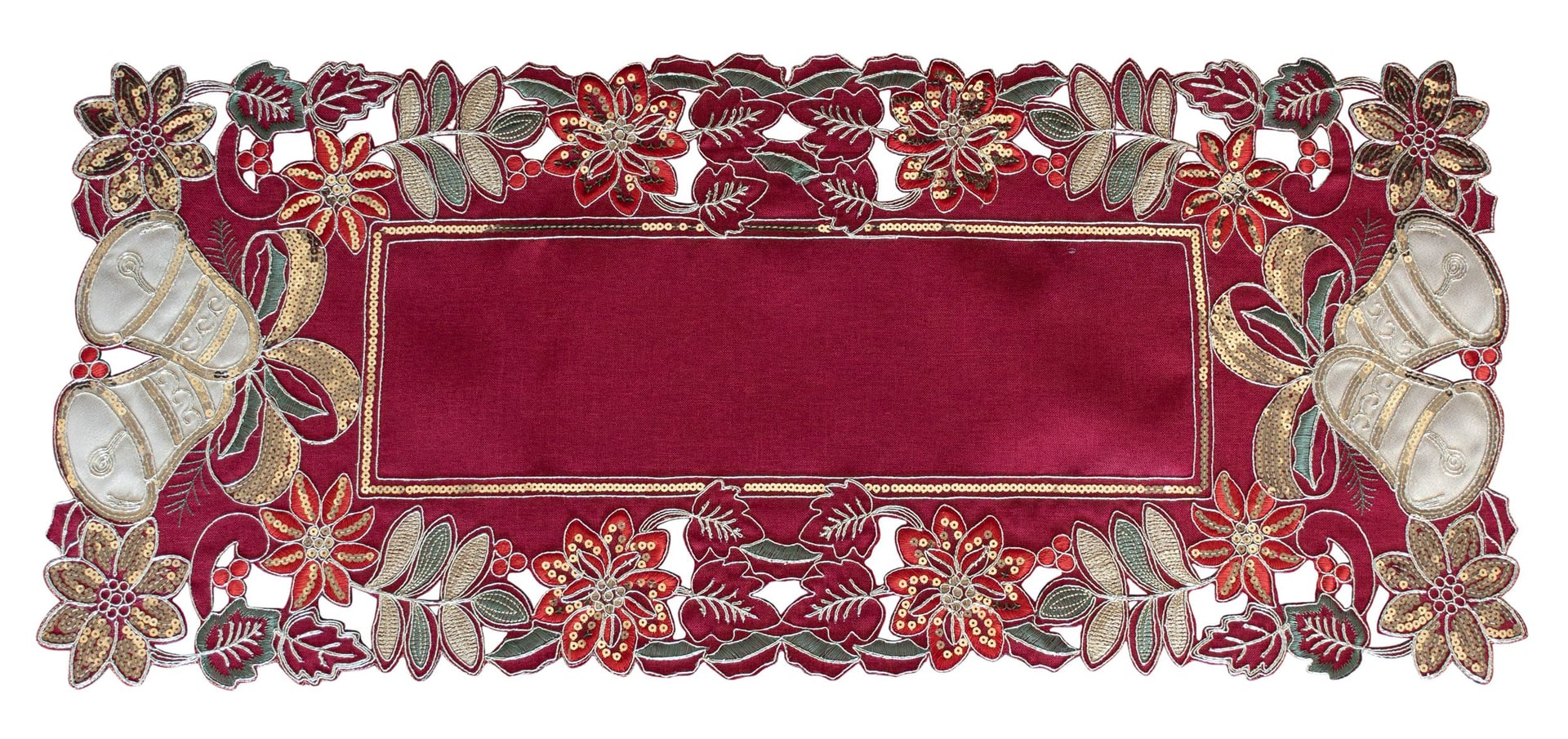 Table Runner Gold Sequin Christmas Bells on Red
