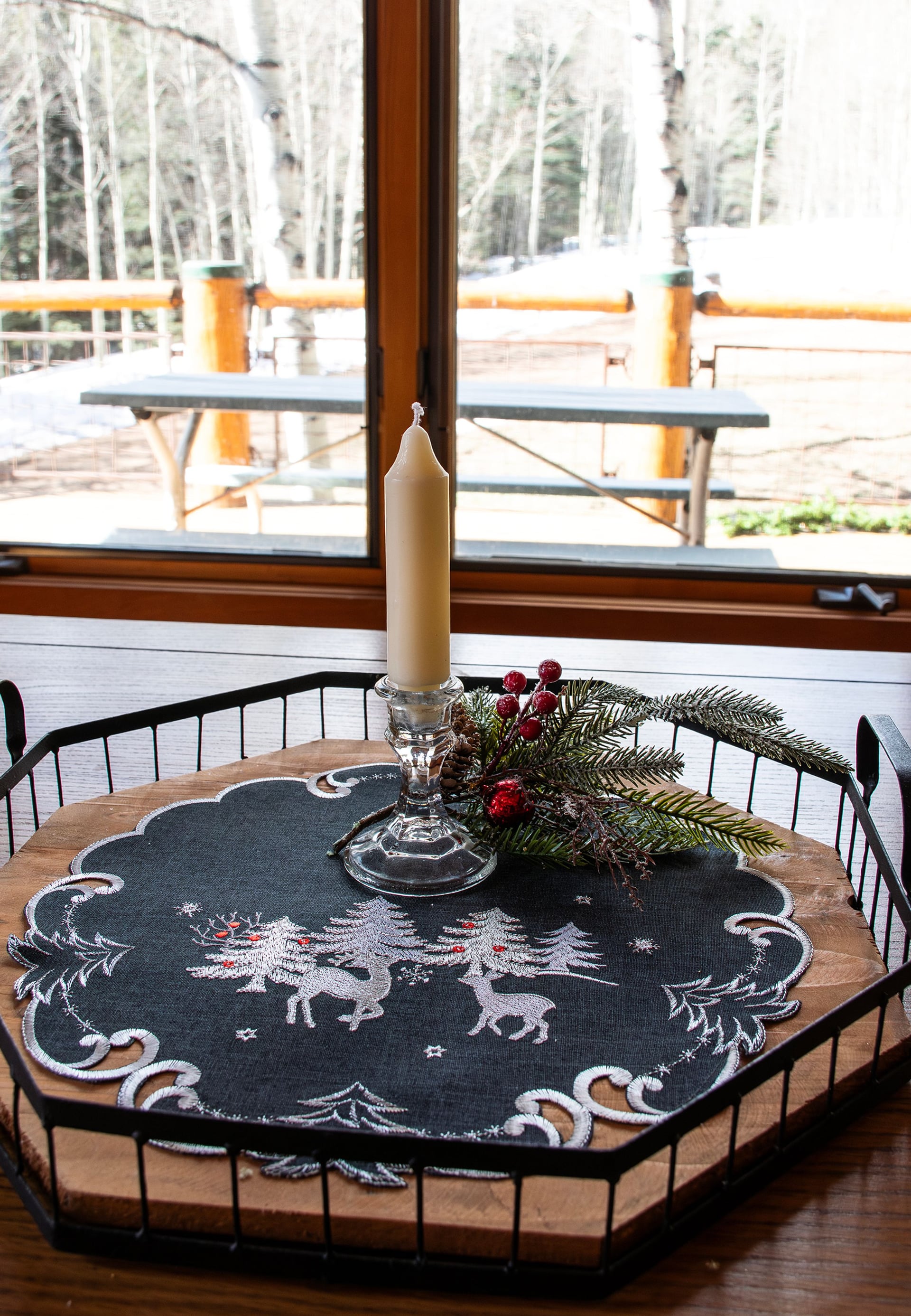 Embroidered Silver Reindeer on Dark Grey Doily (15" Round)