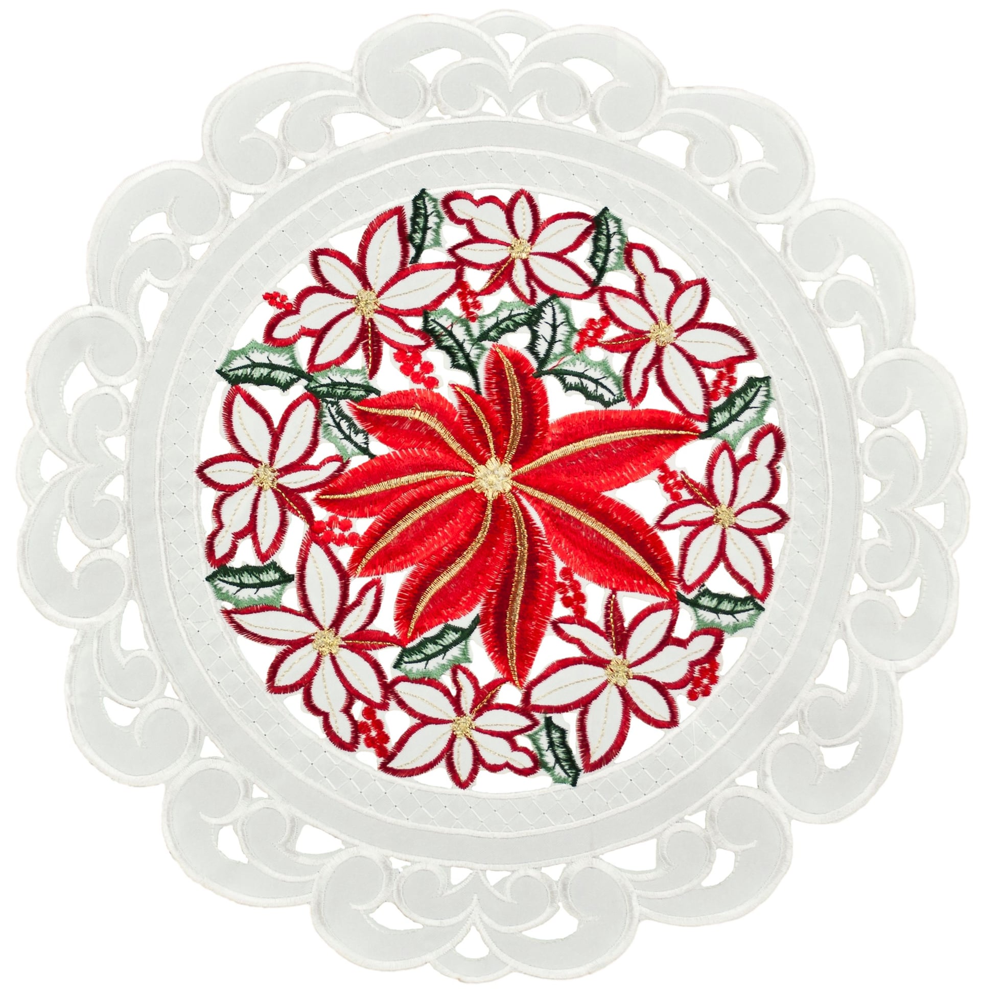 Large Poinsettia Cut Work Ivory Doily (15"RD)