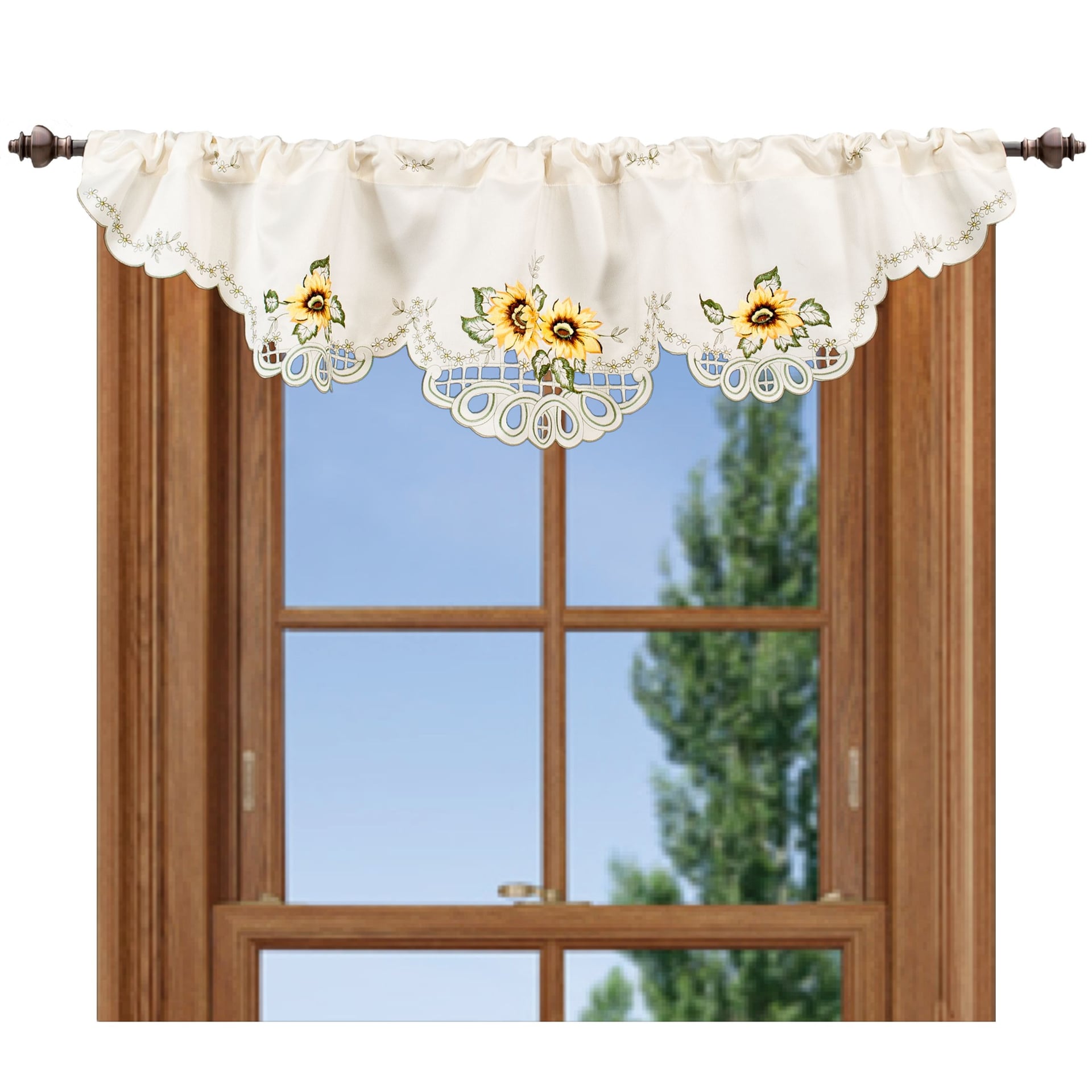 Embroidered Sunflower with Green Leaves Window Valance