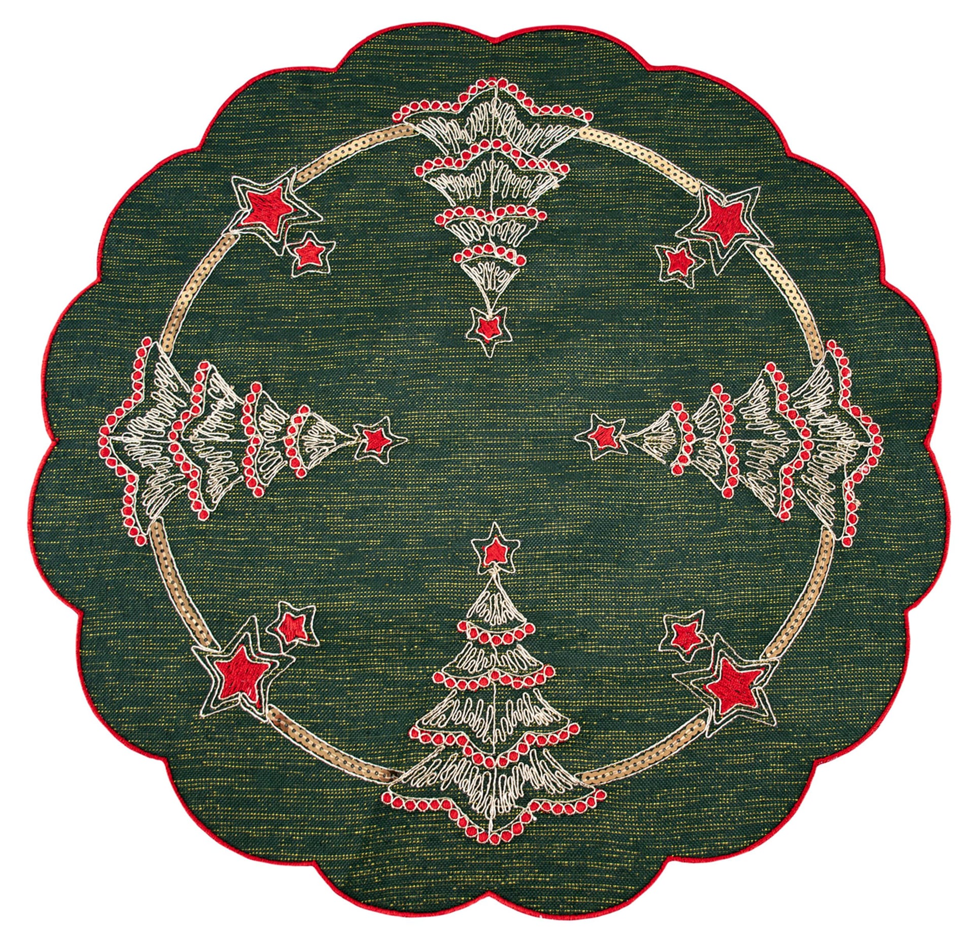 Doily Gold Scrollwork Christmas Trees Green Linen