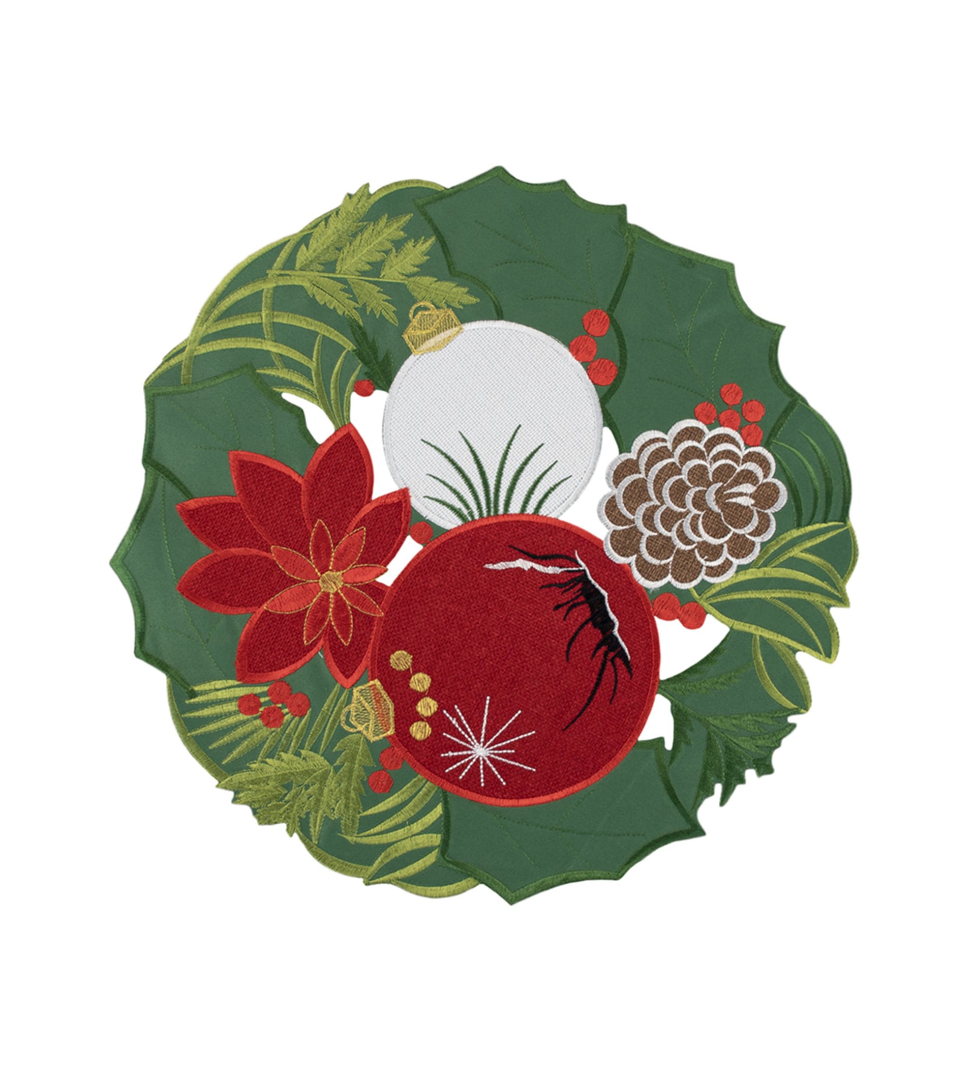 Round Doily Embroidered Forest Green Christmas Cutwork