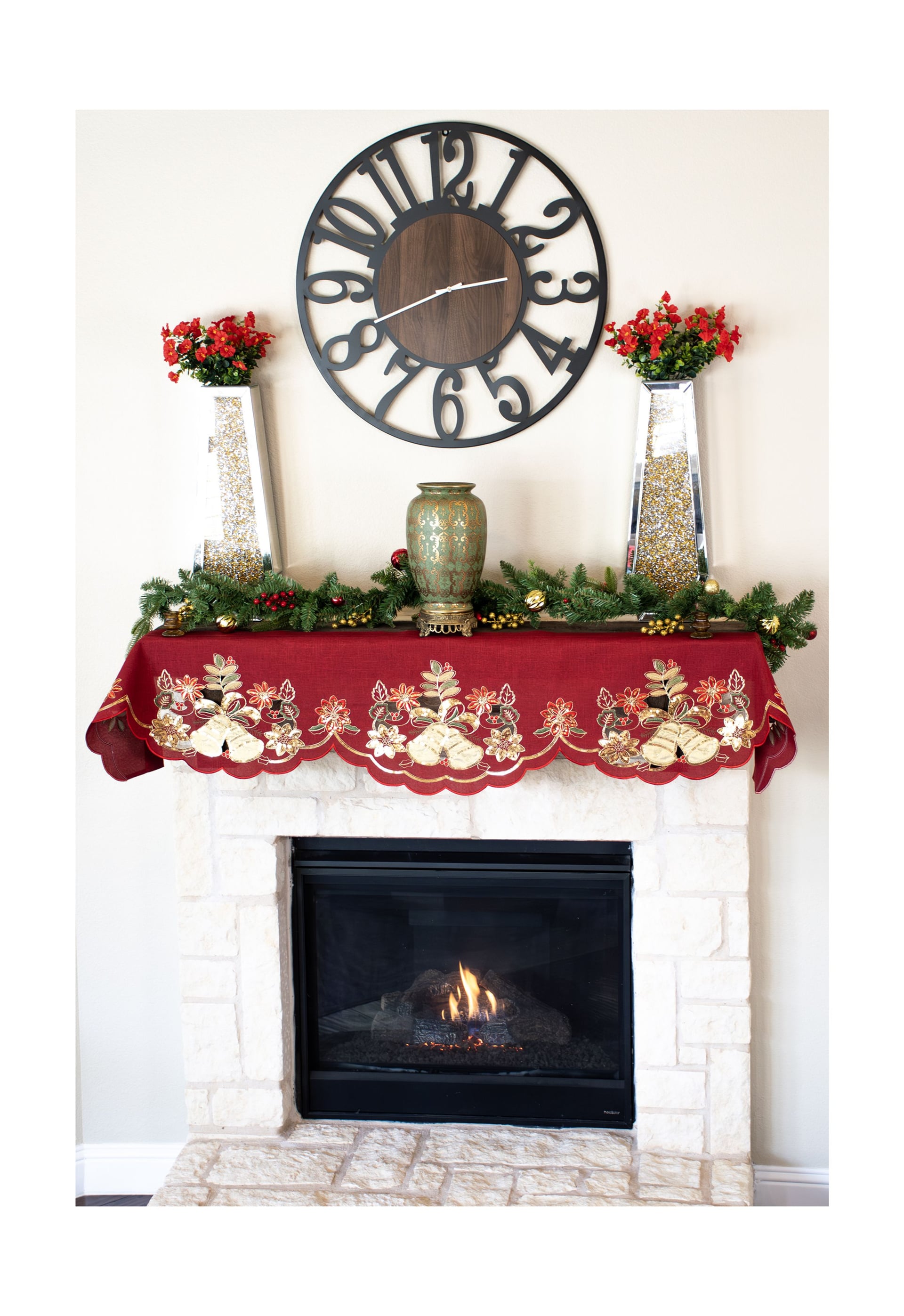 Mantel Scarf Gold Sequin Christmas Bells on Red 19Wx90L