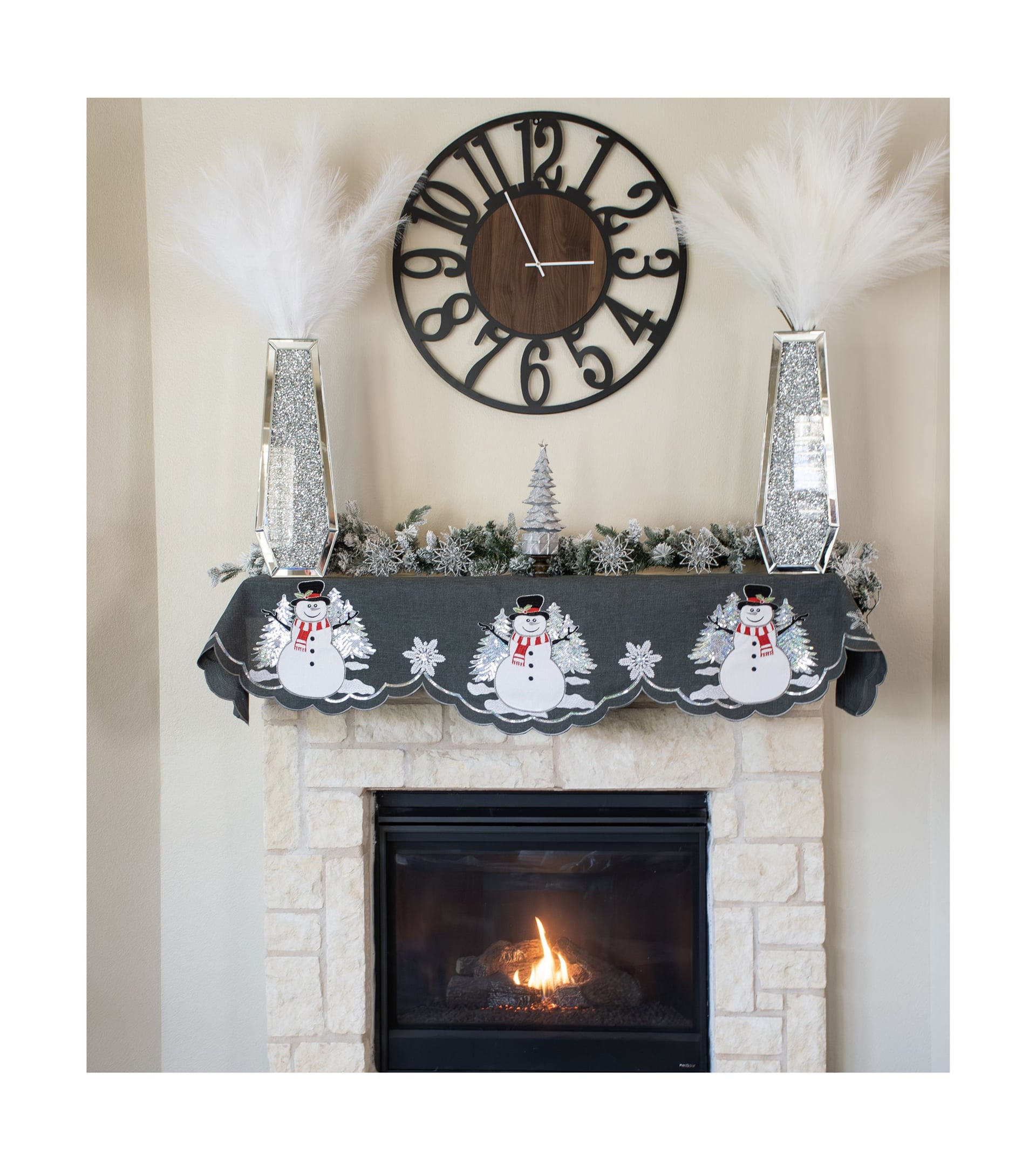 Snowmen Christmas Trees Charcoal Gray Mantel Scarf 19Wx90L