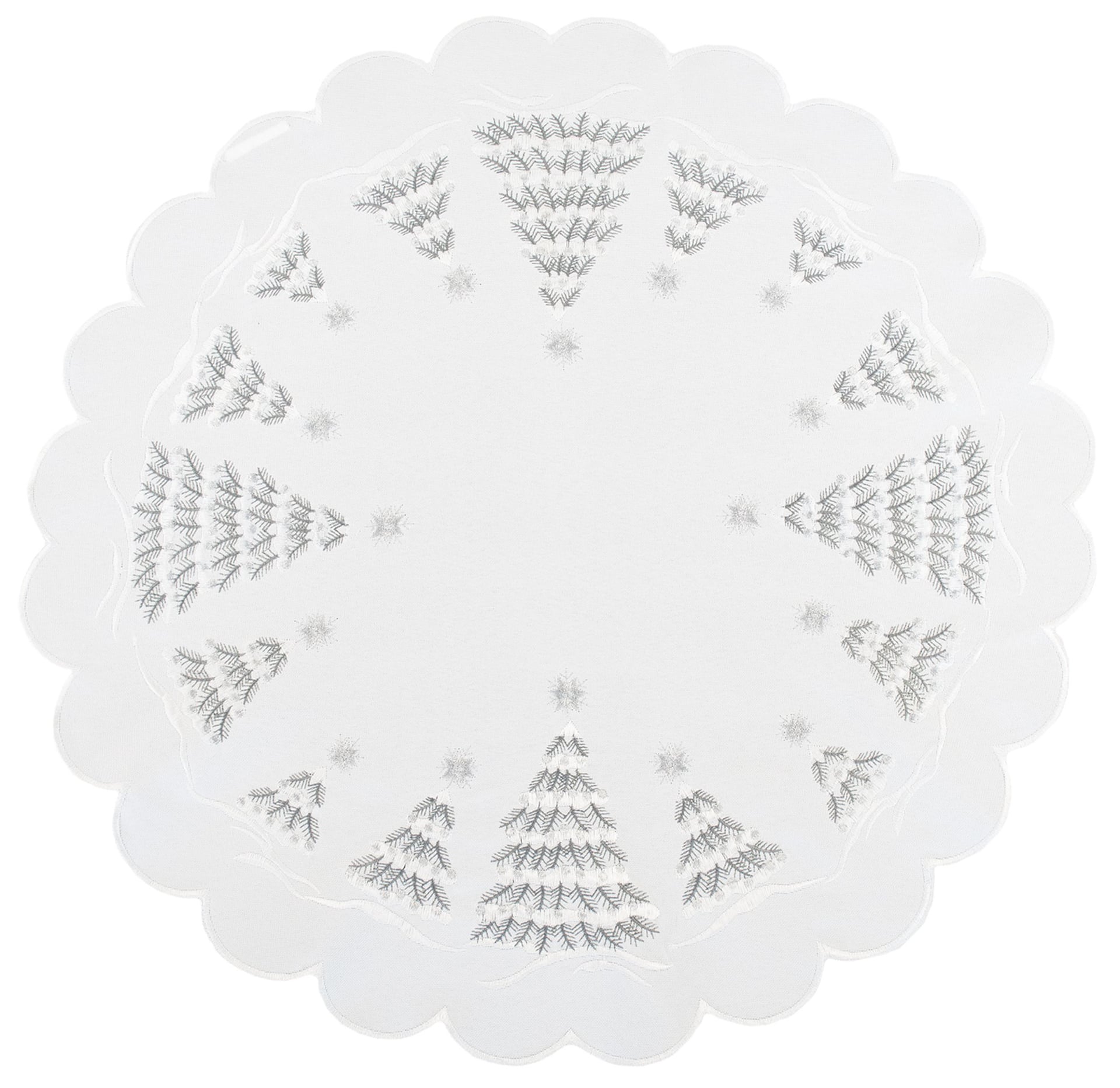 Snowy Silver Christmas Tree Scene on Ivory Table Topper