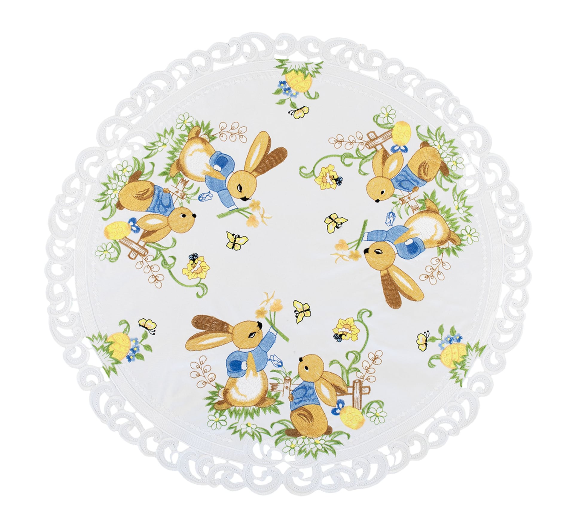 Easter Bunny on White Table Topper (23"RD/ 33" RD/ 33" SQ)