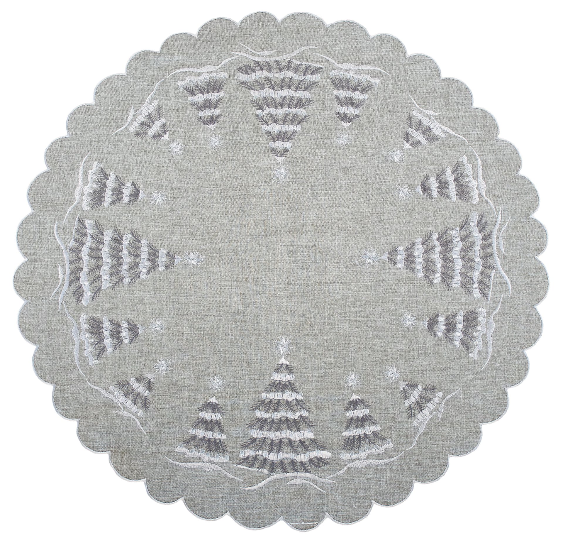 Snowy Silver Christmas Tree Scene on Gray Table Topper
