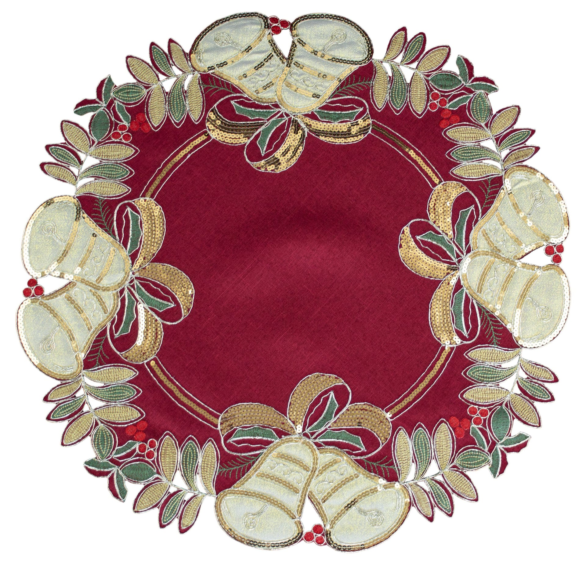 Doily Gold Sequin Christmas Bells on Red 24 Inch Round