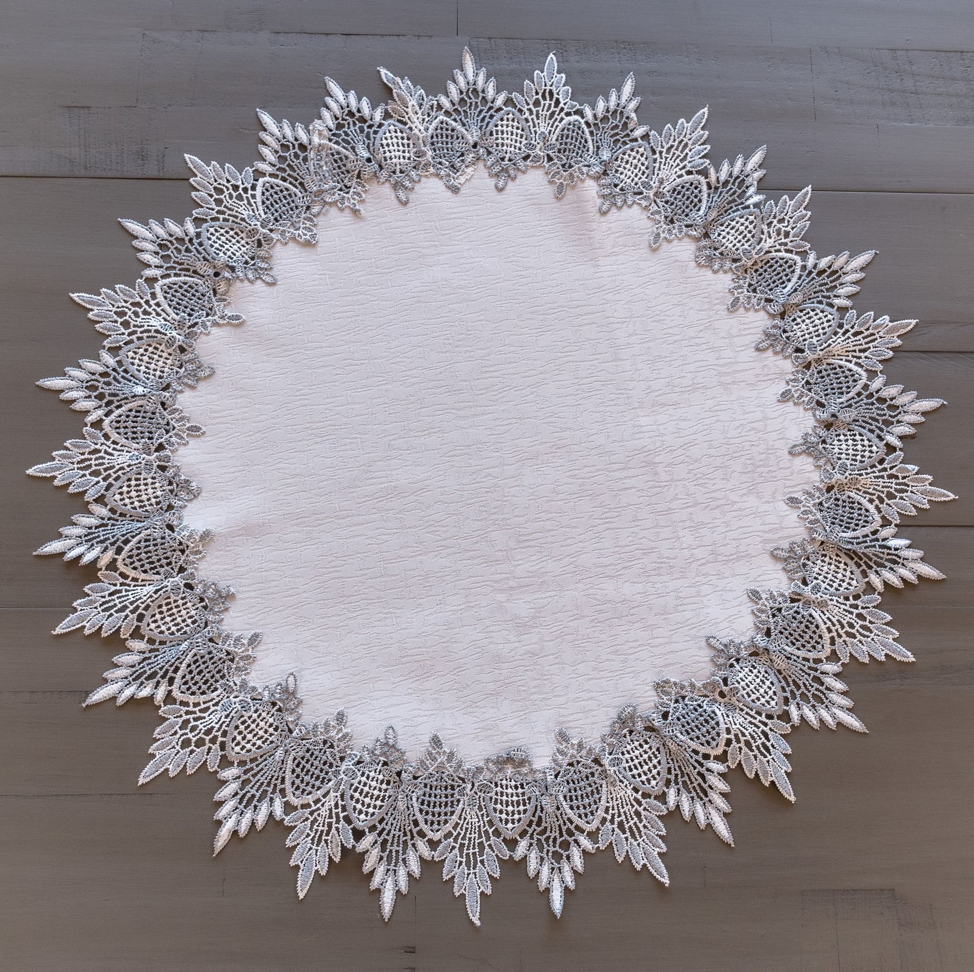 Earth Tone Silver Lace on White Doily, Table Topper