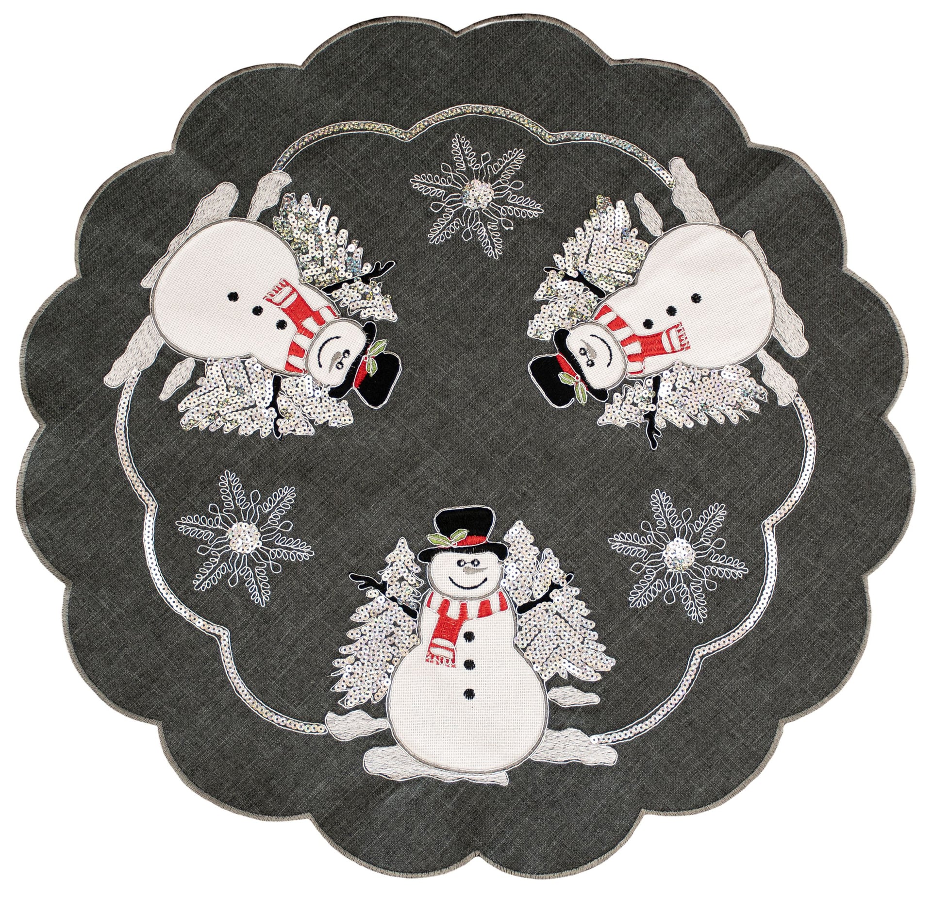 Snowmen Christmas Trees Charcoal Grey Doily 24 Inch Round