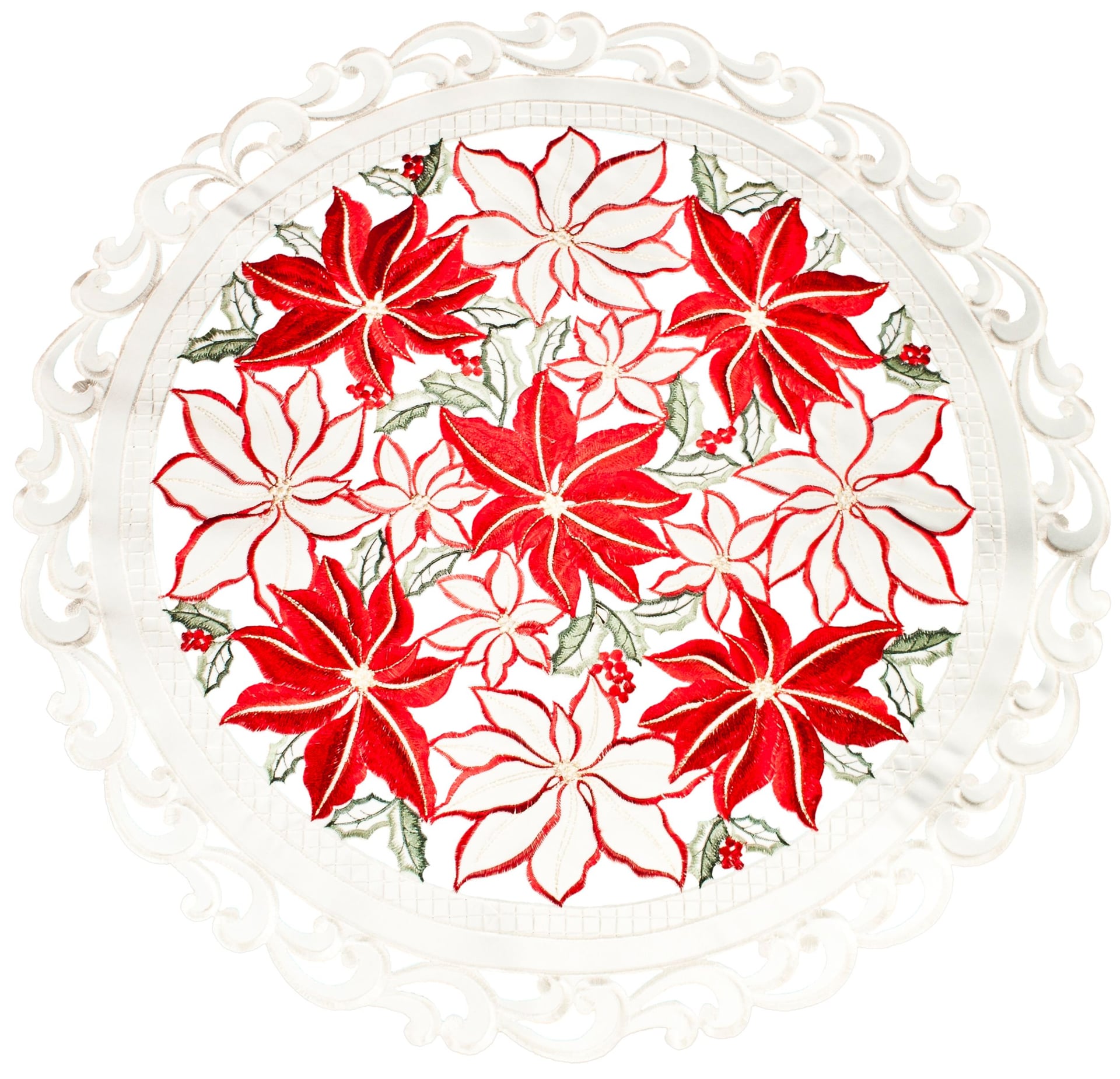 Large Poinsettia Cut Work Ivory Table Topper (24"RD)