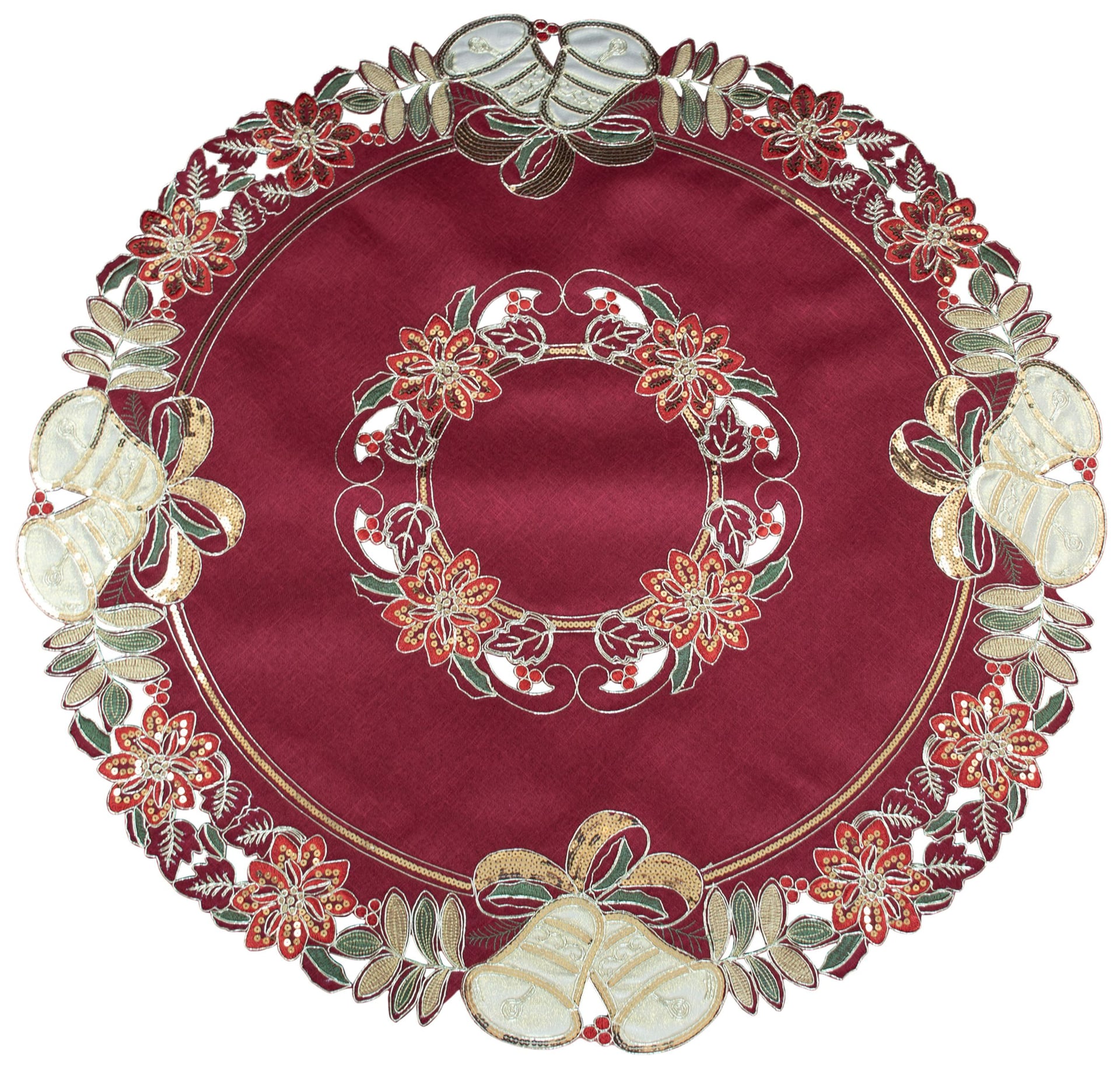 Table Topper Gold Sequin Christmas Bells on Red