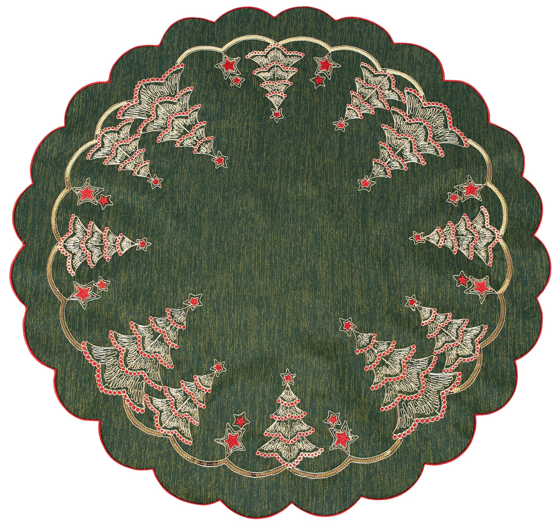 Table Topper Gold Scrollwork Christmas Trees Green Linen