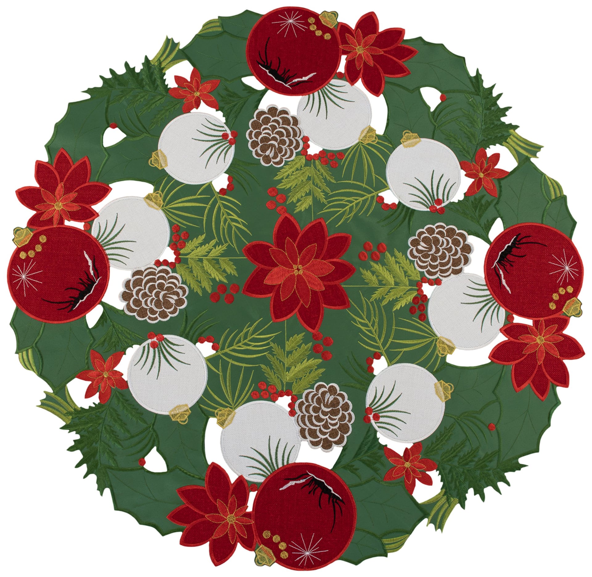 Table Topper Embroidered Forest Green Christmas Cutwork