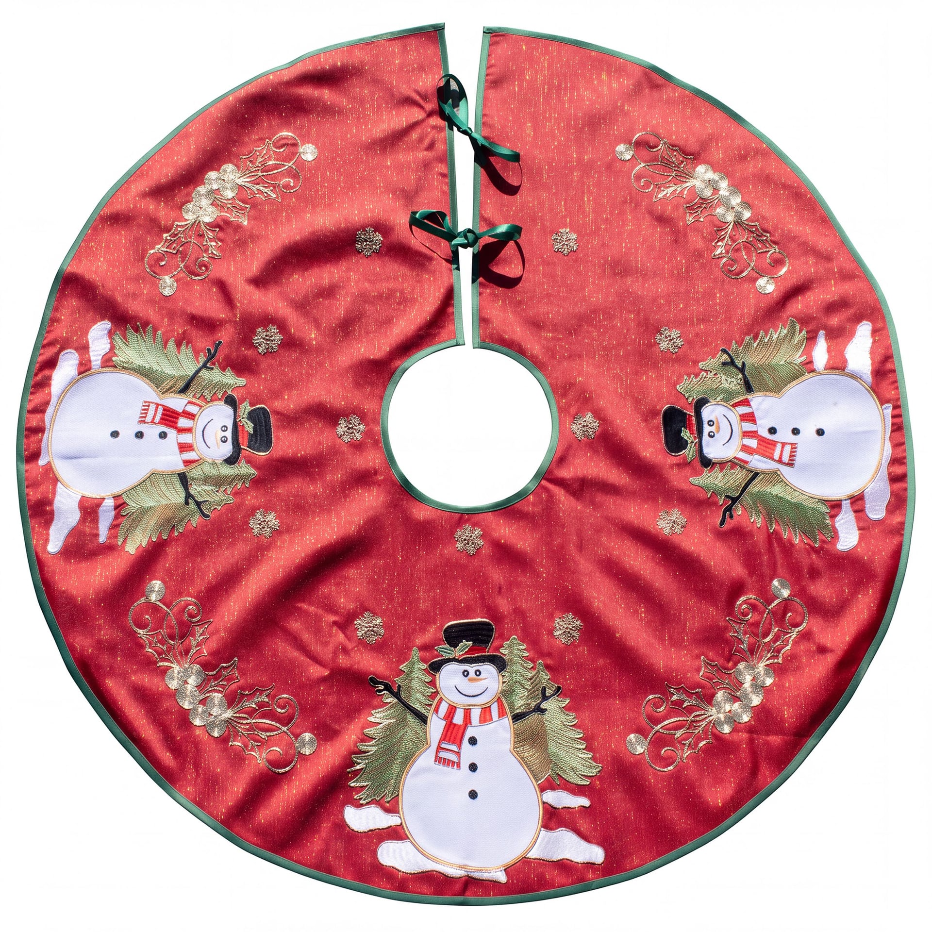 Round Tree Skirt  Snowmen and Scrollwork on Red 48 Inch