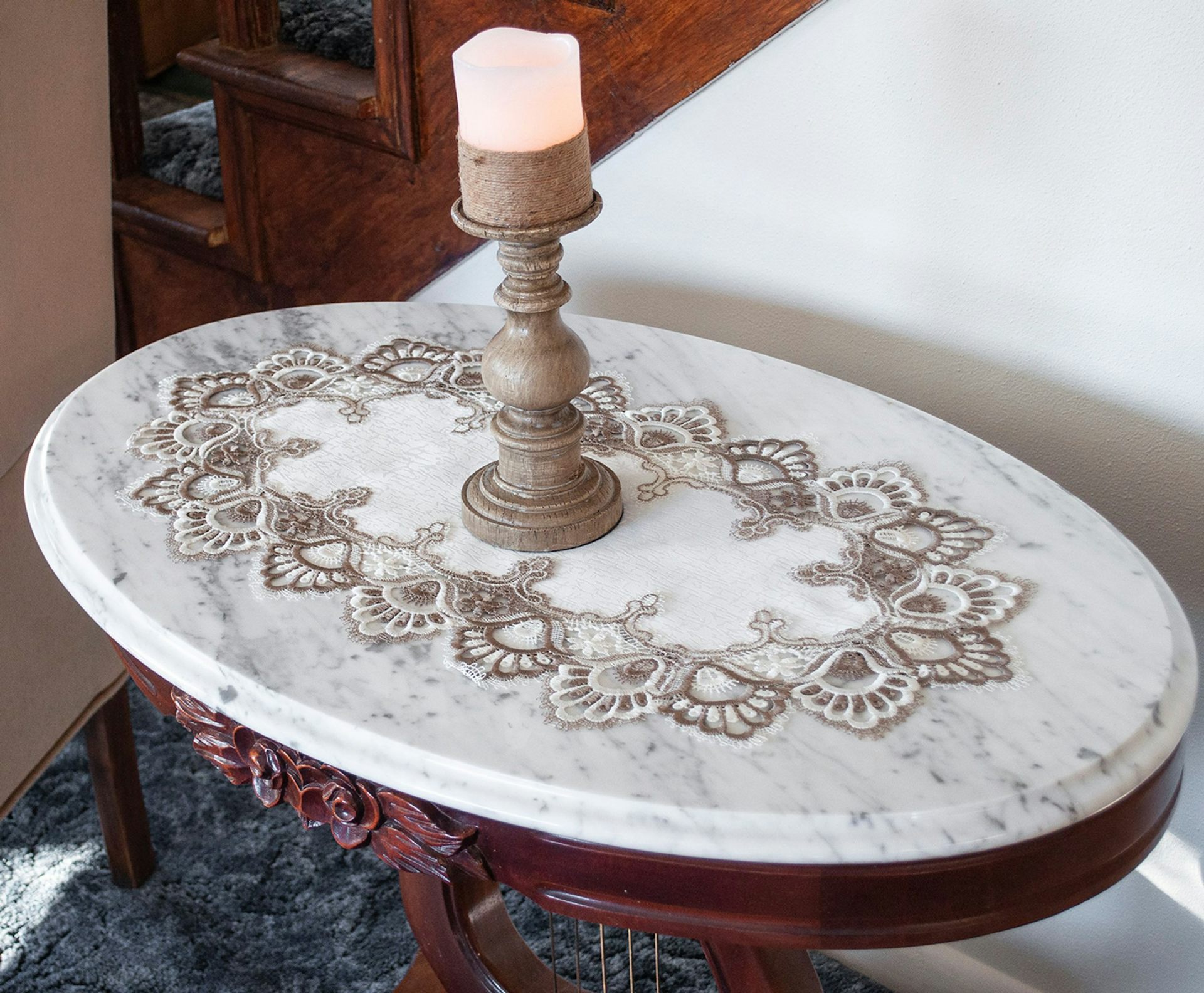 Cocoa Earth Tone White Lace Table Runner (26,35,44,53,70")