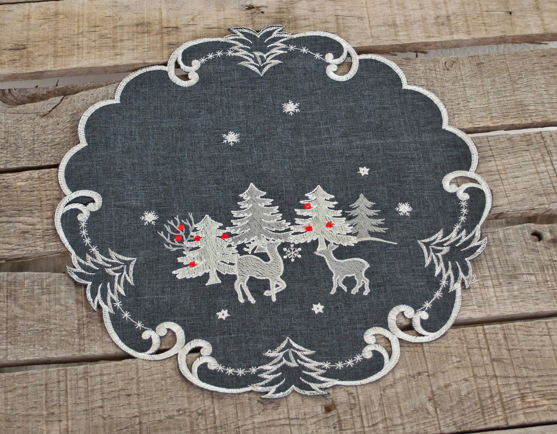Embroidered Silver Reindeer on Dark Grey Doily (15" Round)