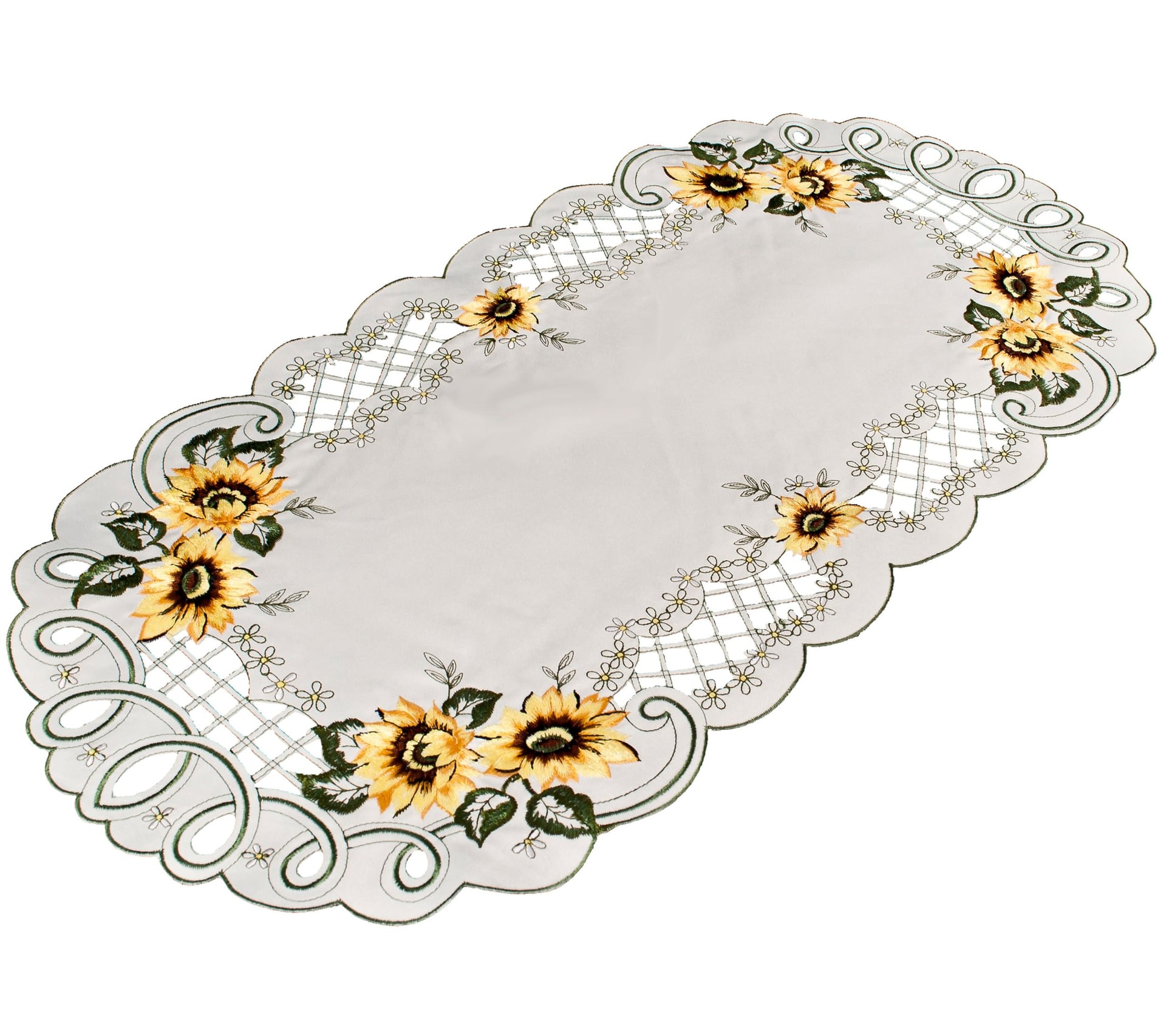 Embroidered Sunflower with Green Leaves Table Runner