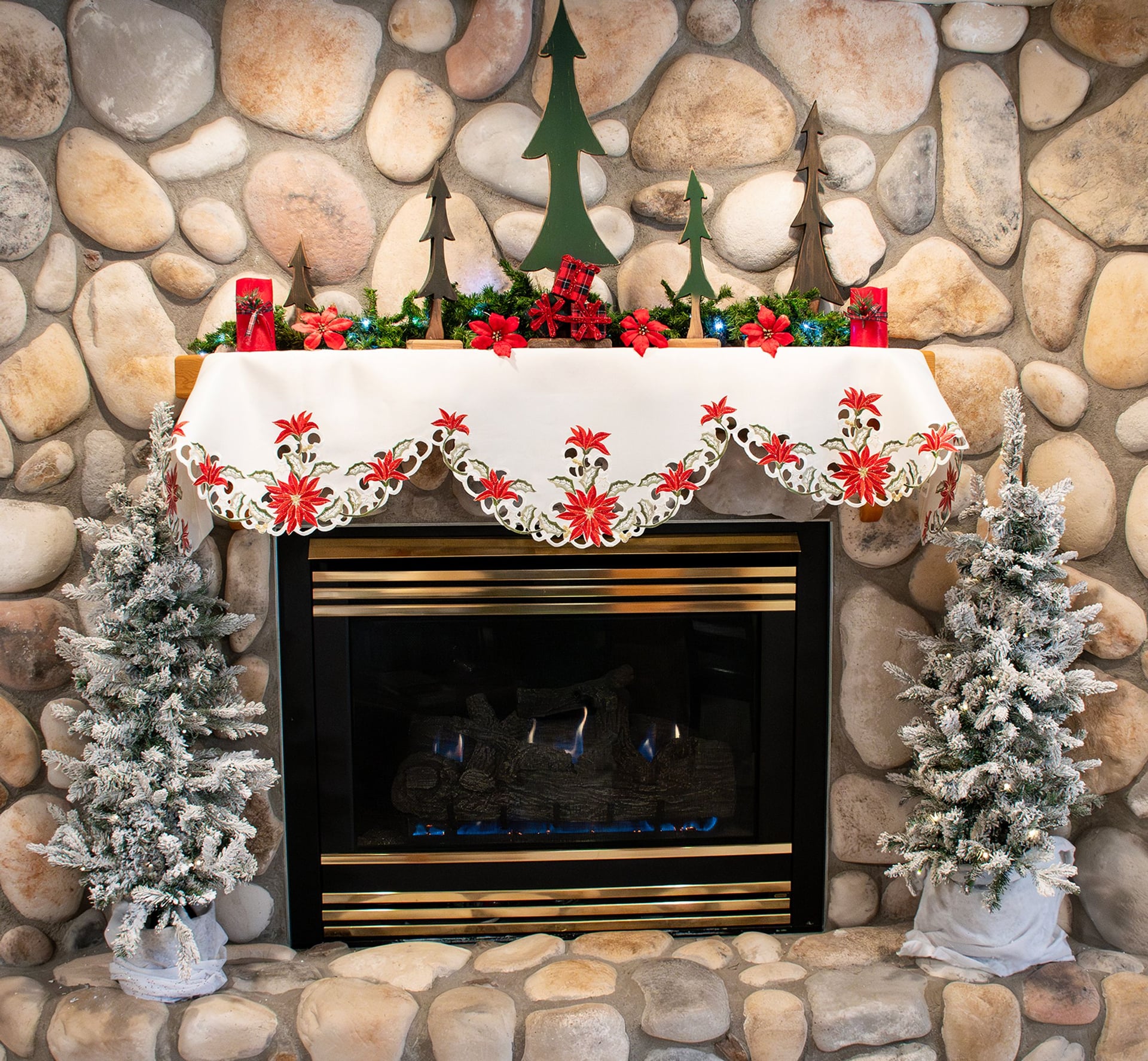 Embroidered Christmas Poinsettia Mantel Scarf (19" x 90")