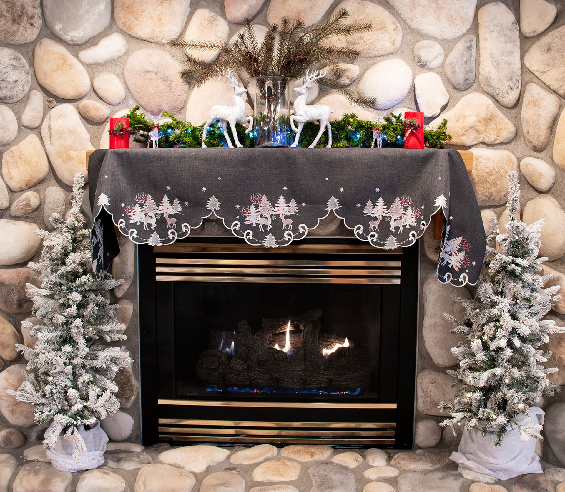 Silver Reindeer Dark Grey Mantel Scarf (19" x 90")