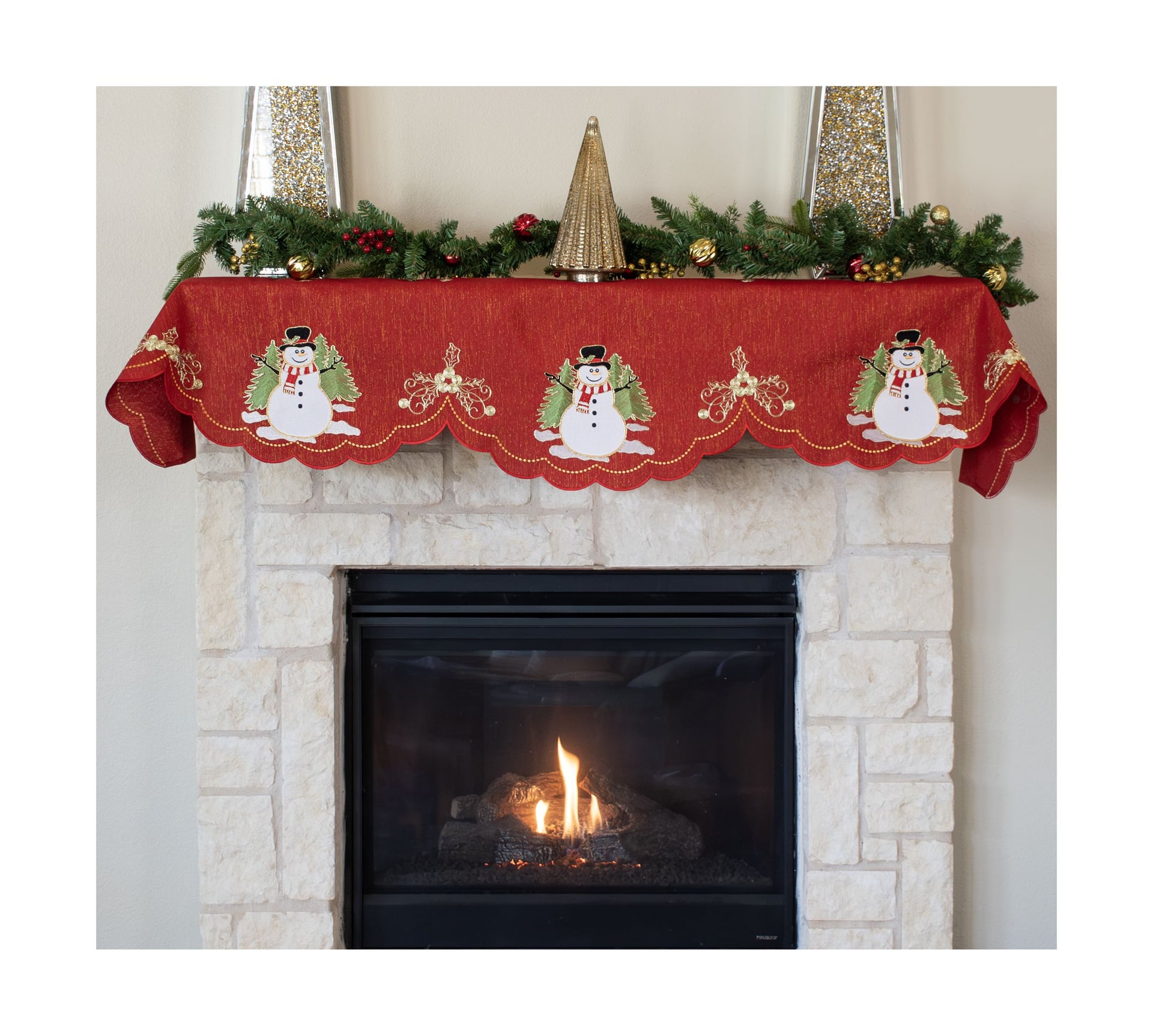 Mantel Scarf Holiday Snowmen and Scrollwork on Red 19Wx90L