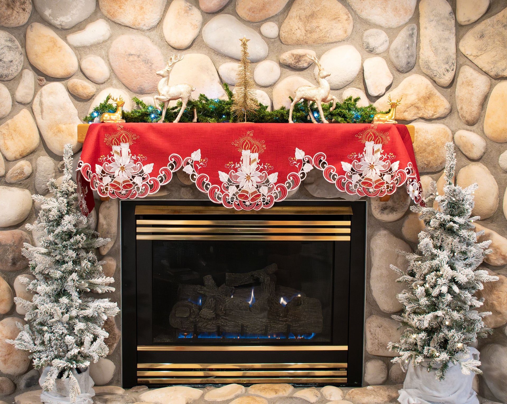 Christmas Candles, Bells on Red Mantel Scarf (19"x90")