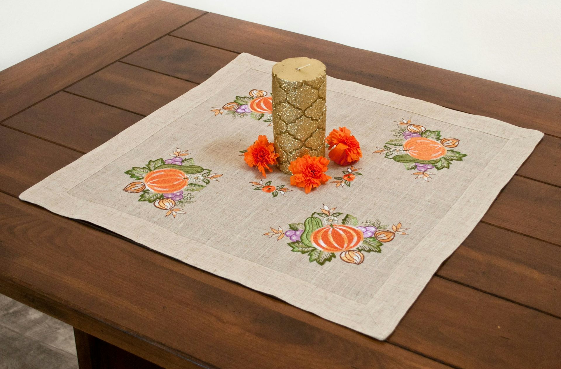 Pumpkin and Grapes on Burlap Table Topper (23"/ 33" Square)