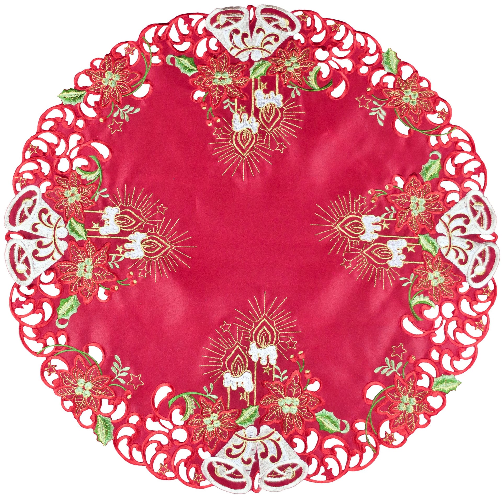 Elegant White Bell, Candle on Red Christmas Doily (24"RD)
