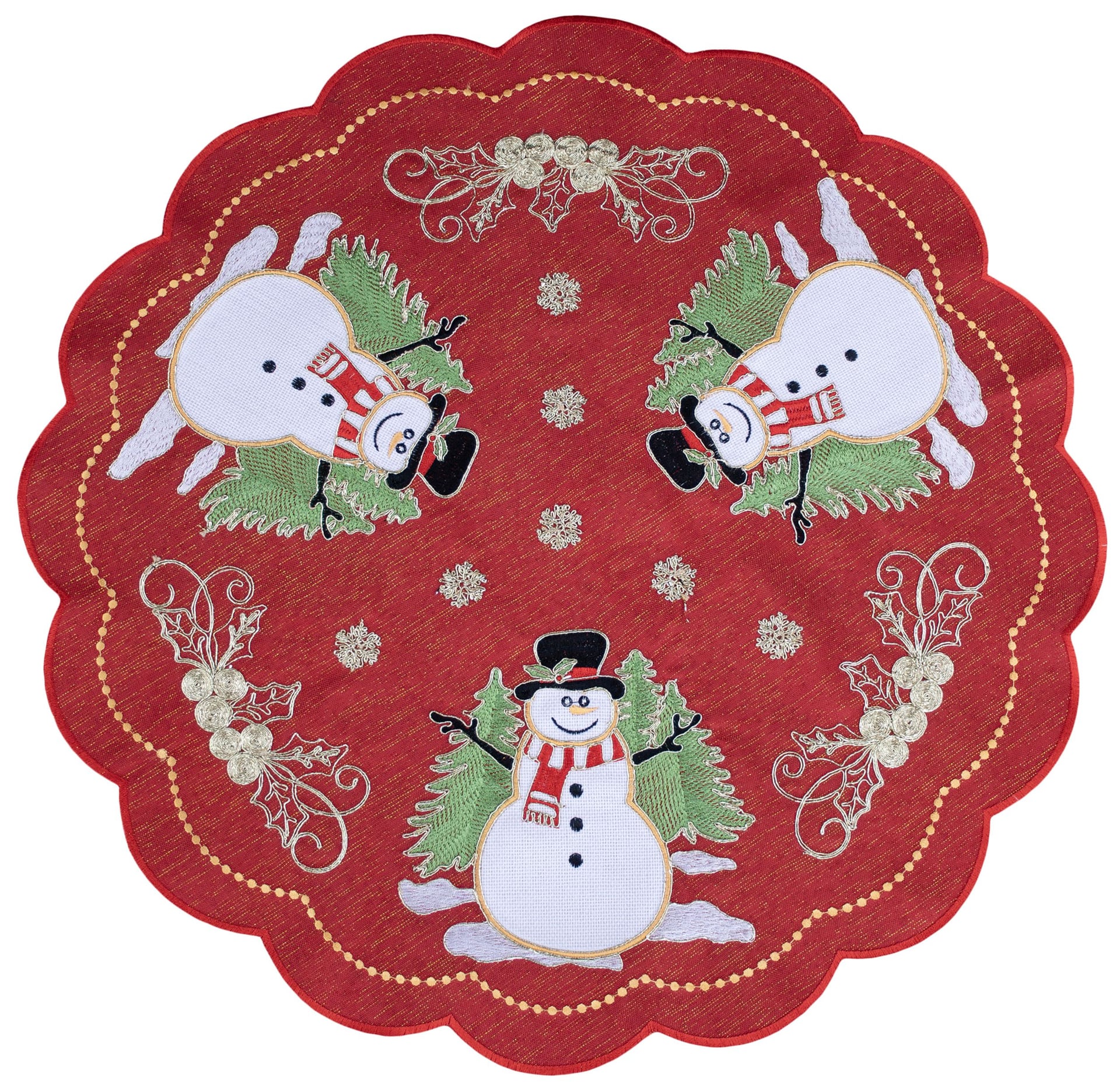 Doily Holiday Snowmen and Scrollwork on Red 24 Inch Round
