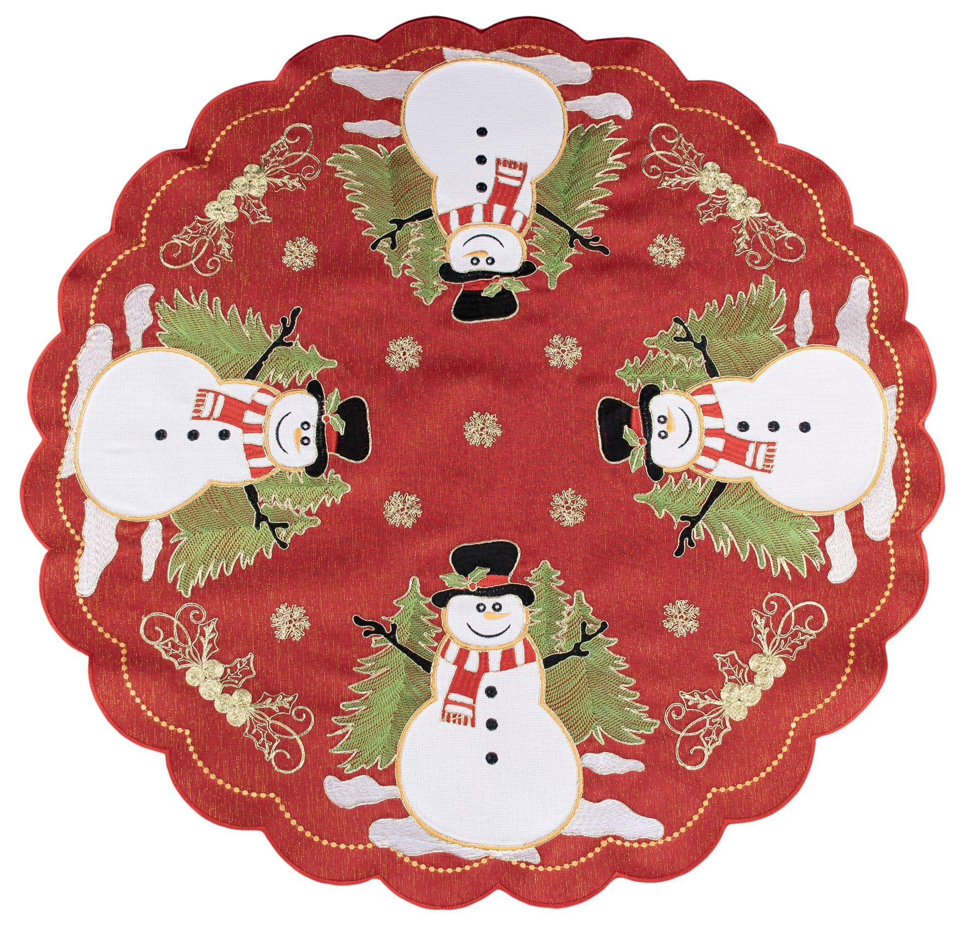 Table Topper Holiday Snowmen and Scrollwork on Red