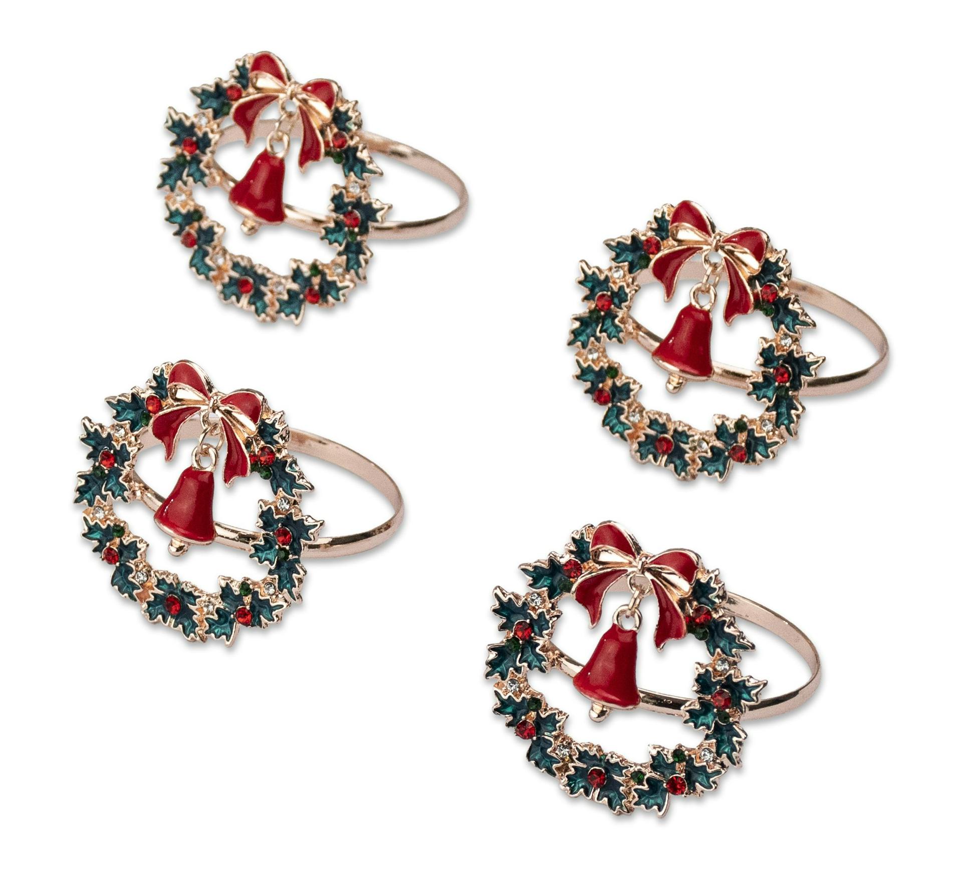 Beautiful Christmas/Holiday Wreath & Bell Napkin Rings Set of 4