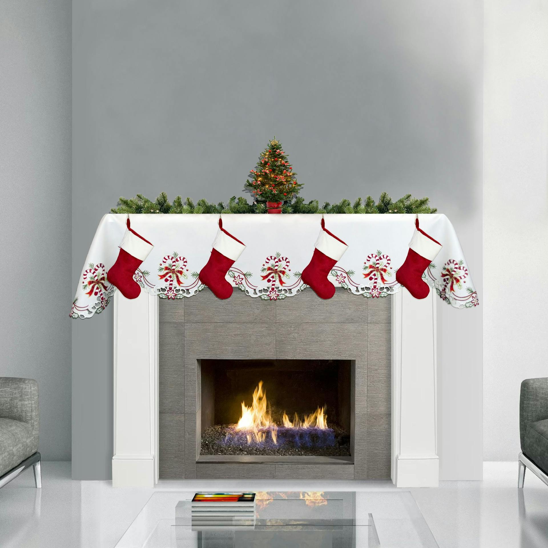 Candy Cane and Holly Leaves Fireplace Mantle Scarf (19" x 90")