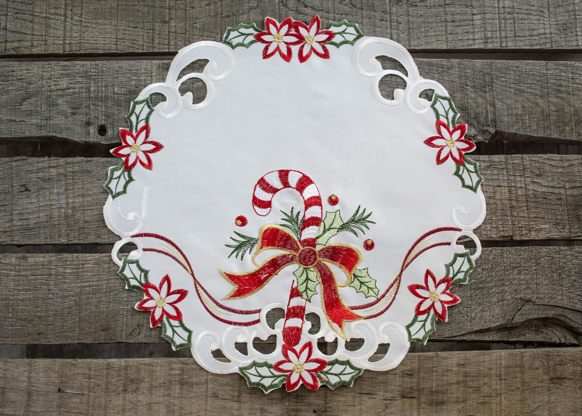 Candy Cane and Holly Leaves Round Doily (15")