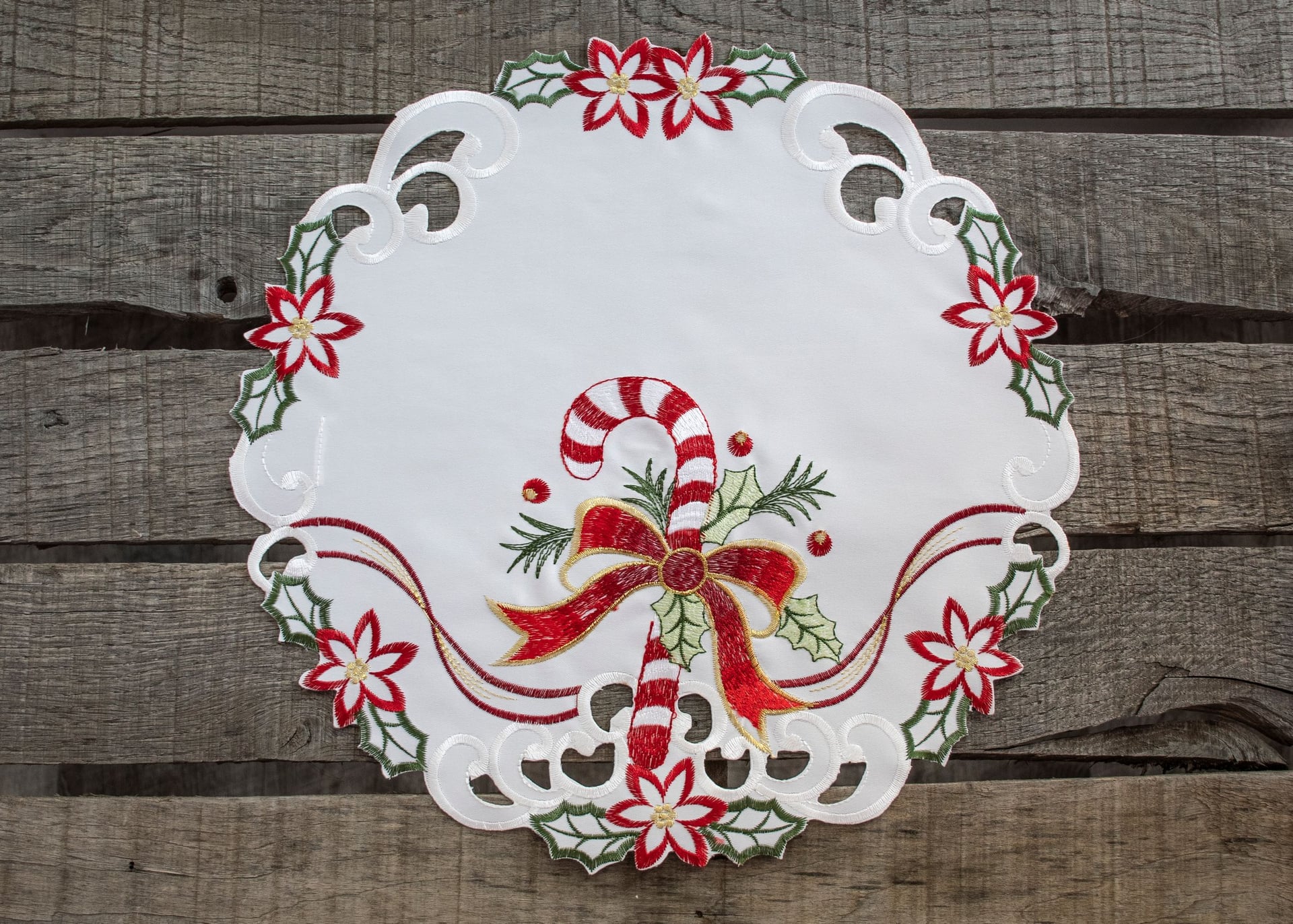 Candy Cane and Holly Leaves Round Doily (15")