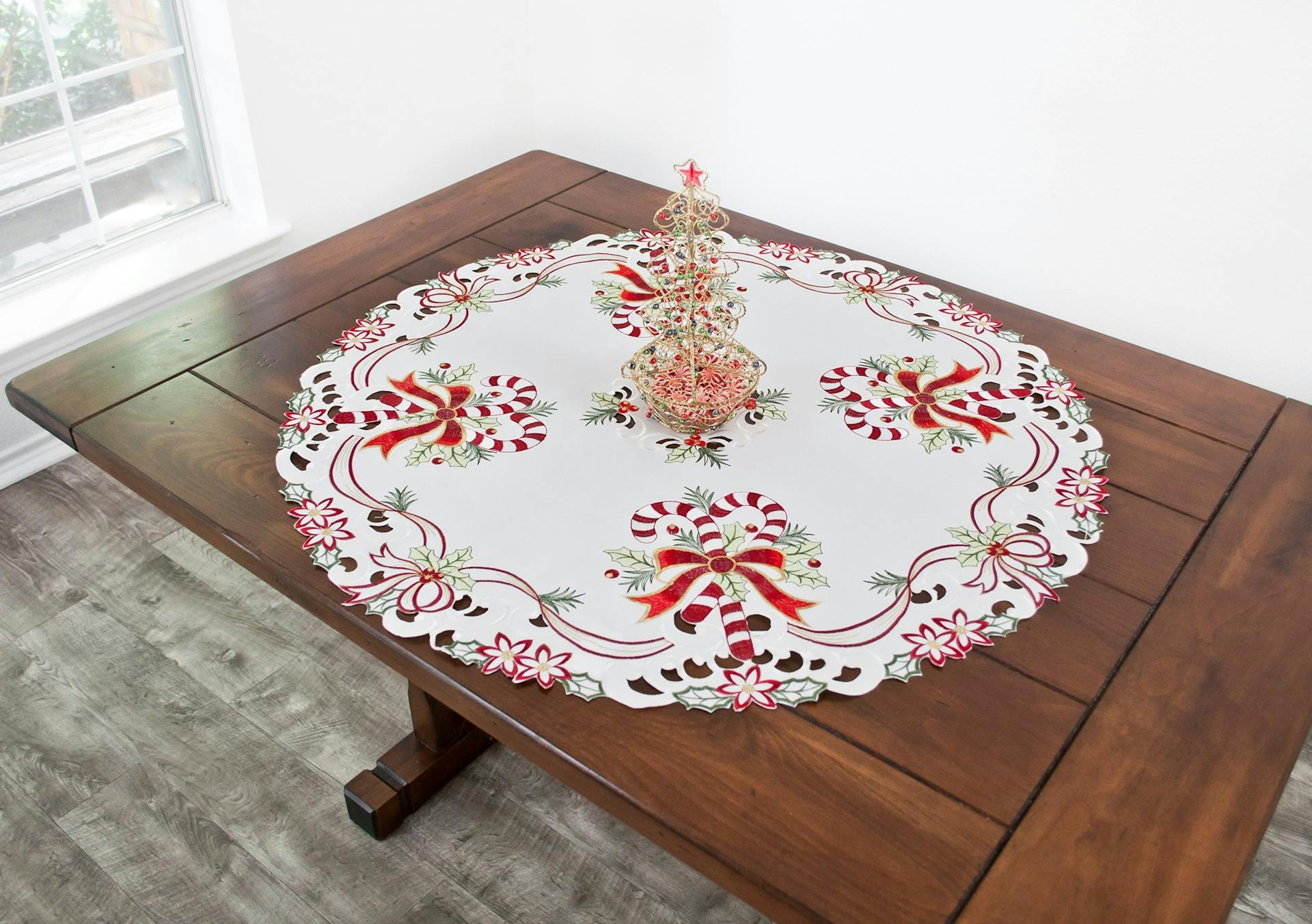 Candy Cane and Holly Leaves Rectangular Round & Square Doily (33" Round & Square)