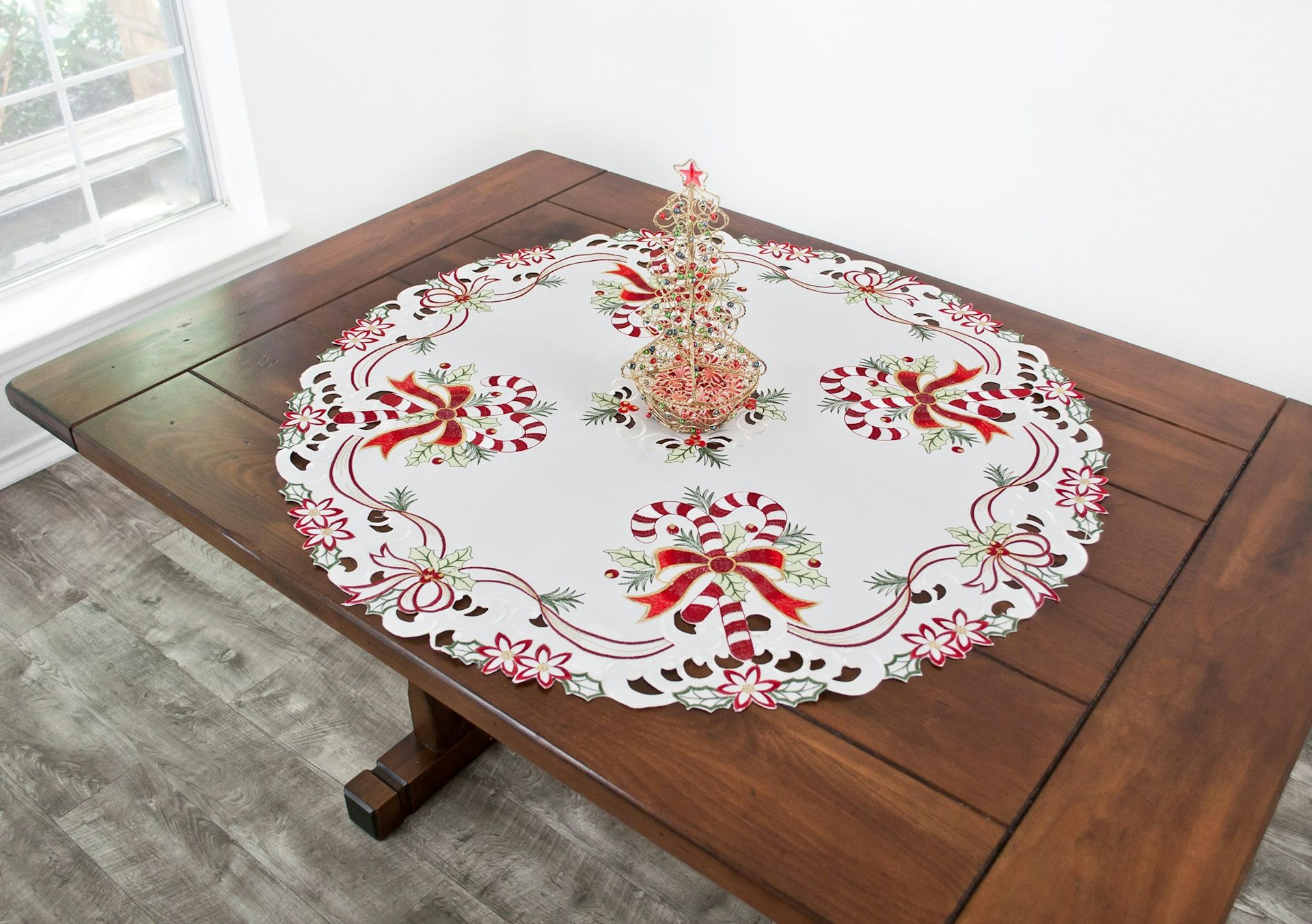 Candy Cane Holly Leaves RD & SQ Table Topper (33")