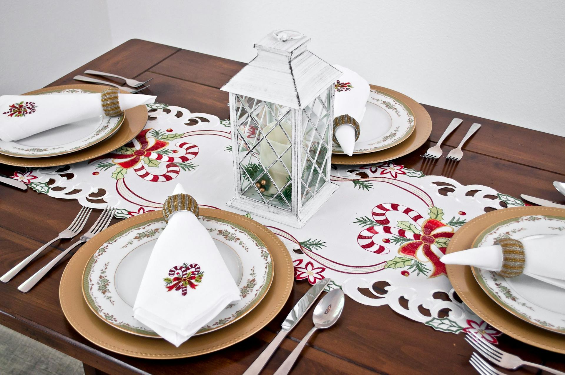 Candy Cane and Holly Leaves Rectangular Table Runner (15" x 33"/15" x 70")