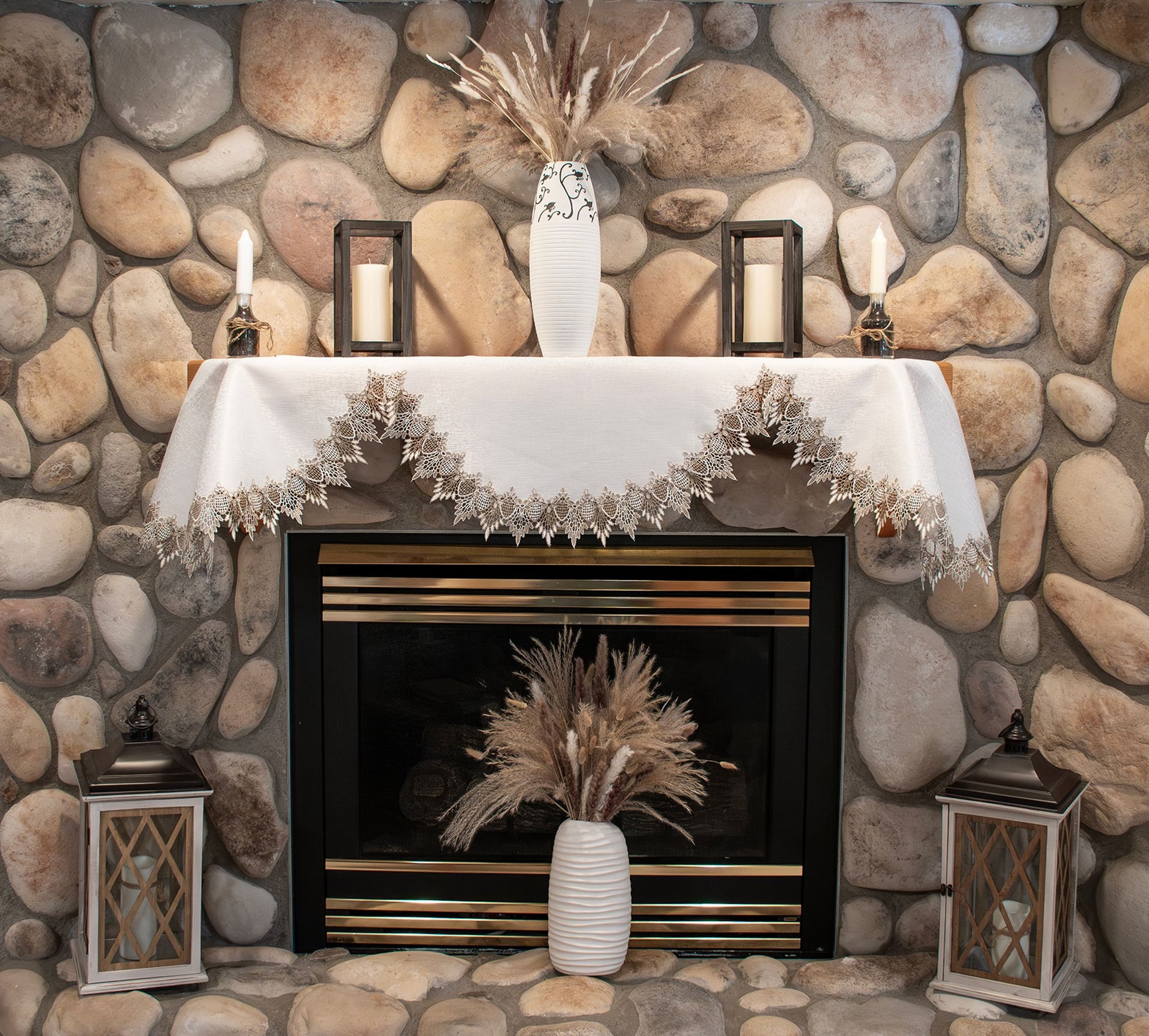 Earth Tone Beige and White Lace Mantle Scarf (19”x90”)