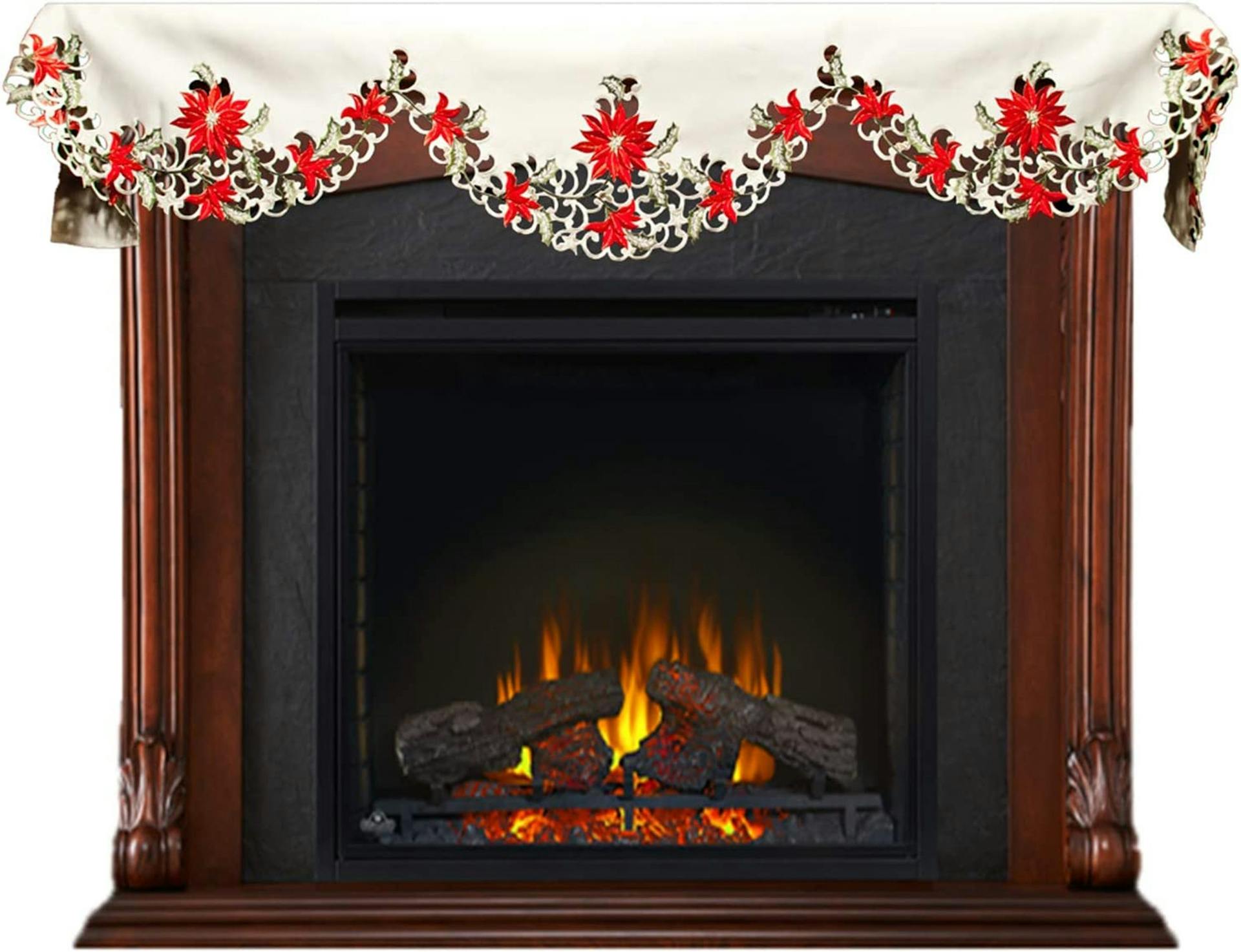 Embroidered Christmas Holiday Poinsettia Mantel Scarf (19" x 90")