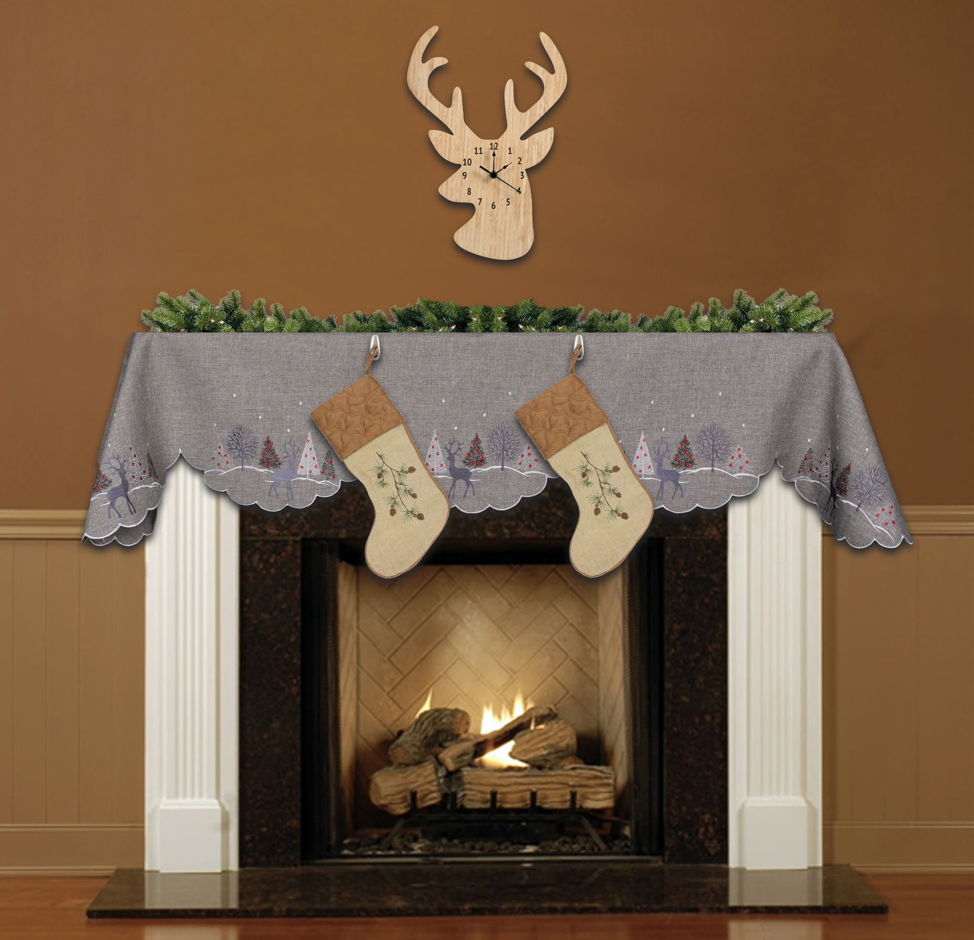 Reindeer Scene on Grey Mantel Scarf (19" x 90")