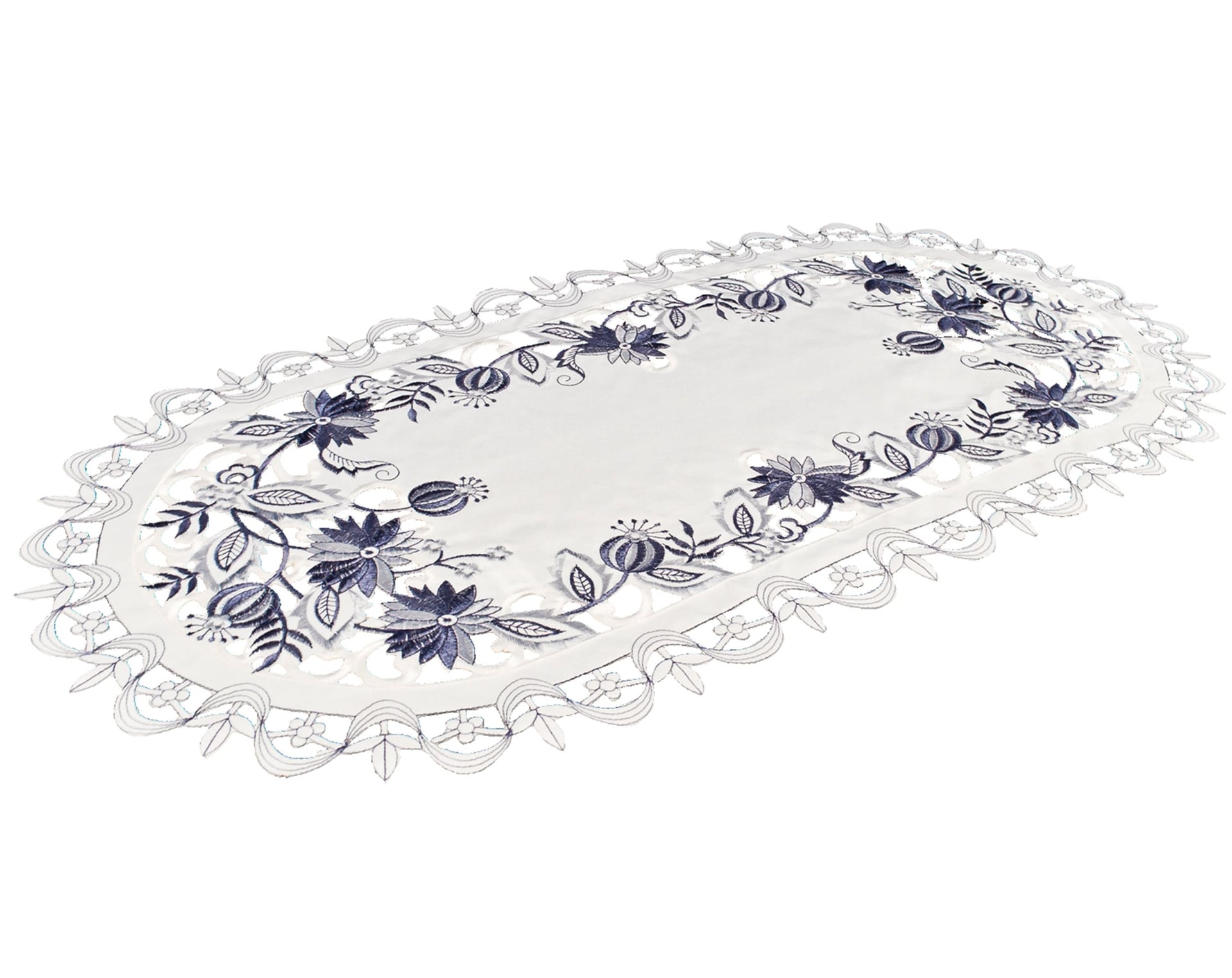 Delft Blue Onion Flower on Ivory Table Runner (27",34",54")