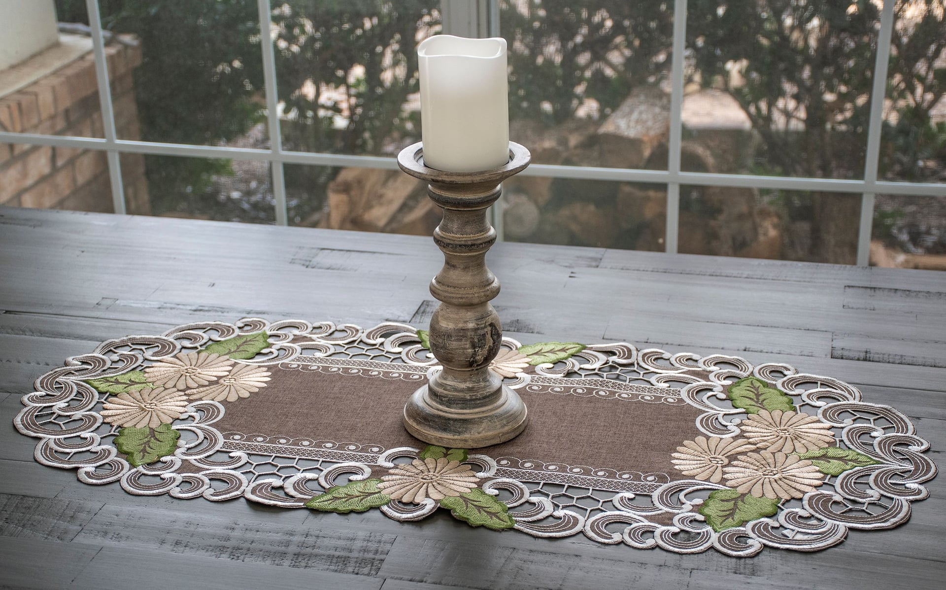 Embroidered Gold Daisy on Brown Table Runner (35"/ 44")