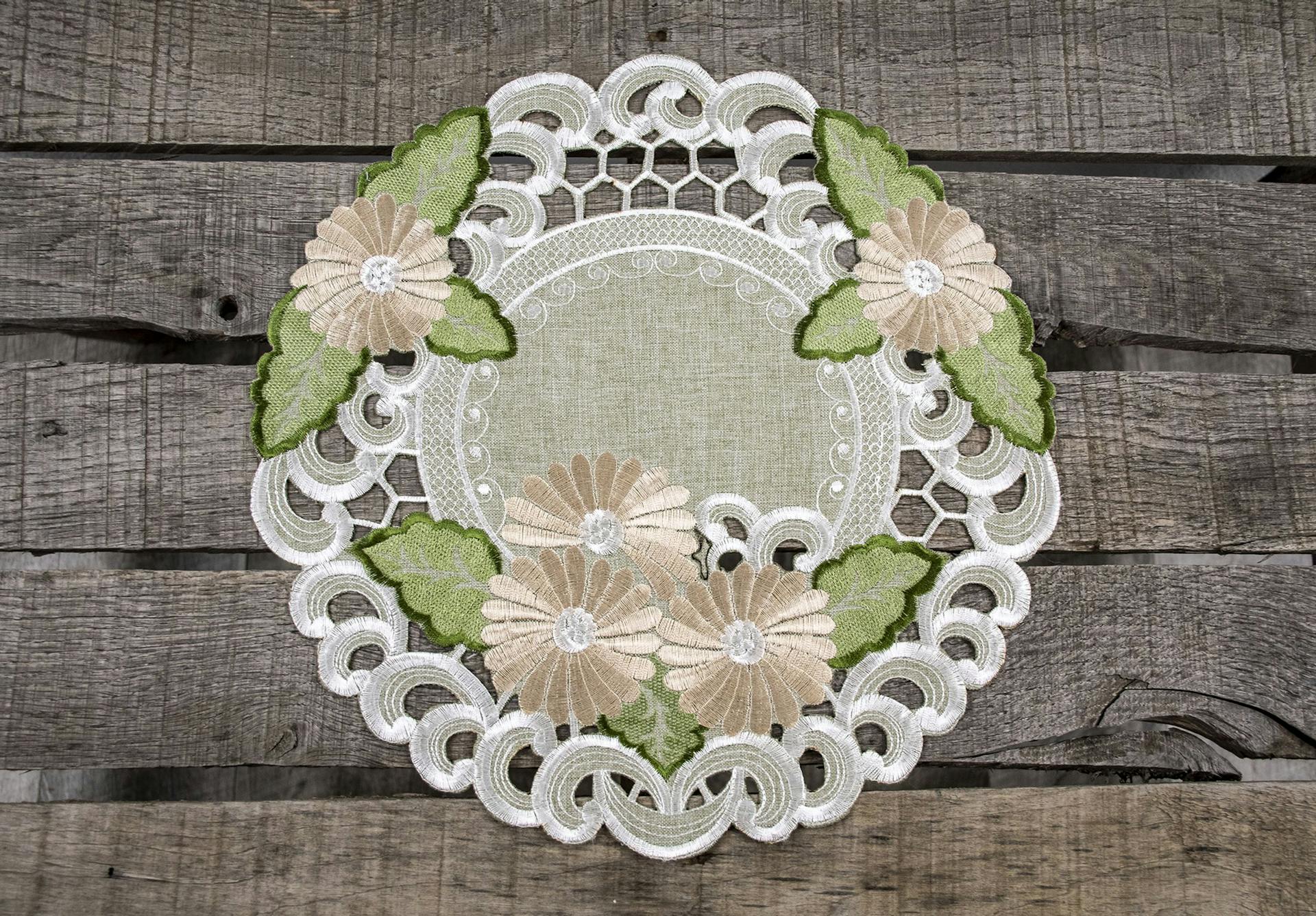 Fleur Latte Gold Daisy on Sage Green Table Doily (16" Round)