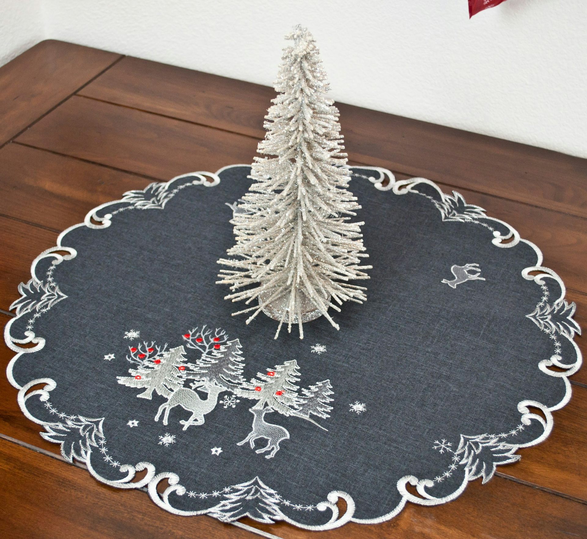 Embroidered Silver Reindeer on Dark Grey Table Toppers (23"/ 33" Round, 33" Square)