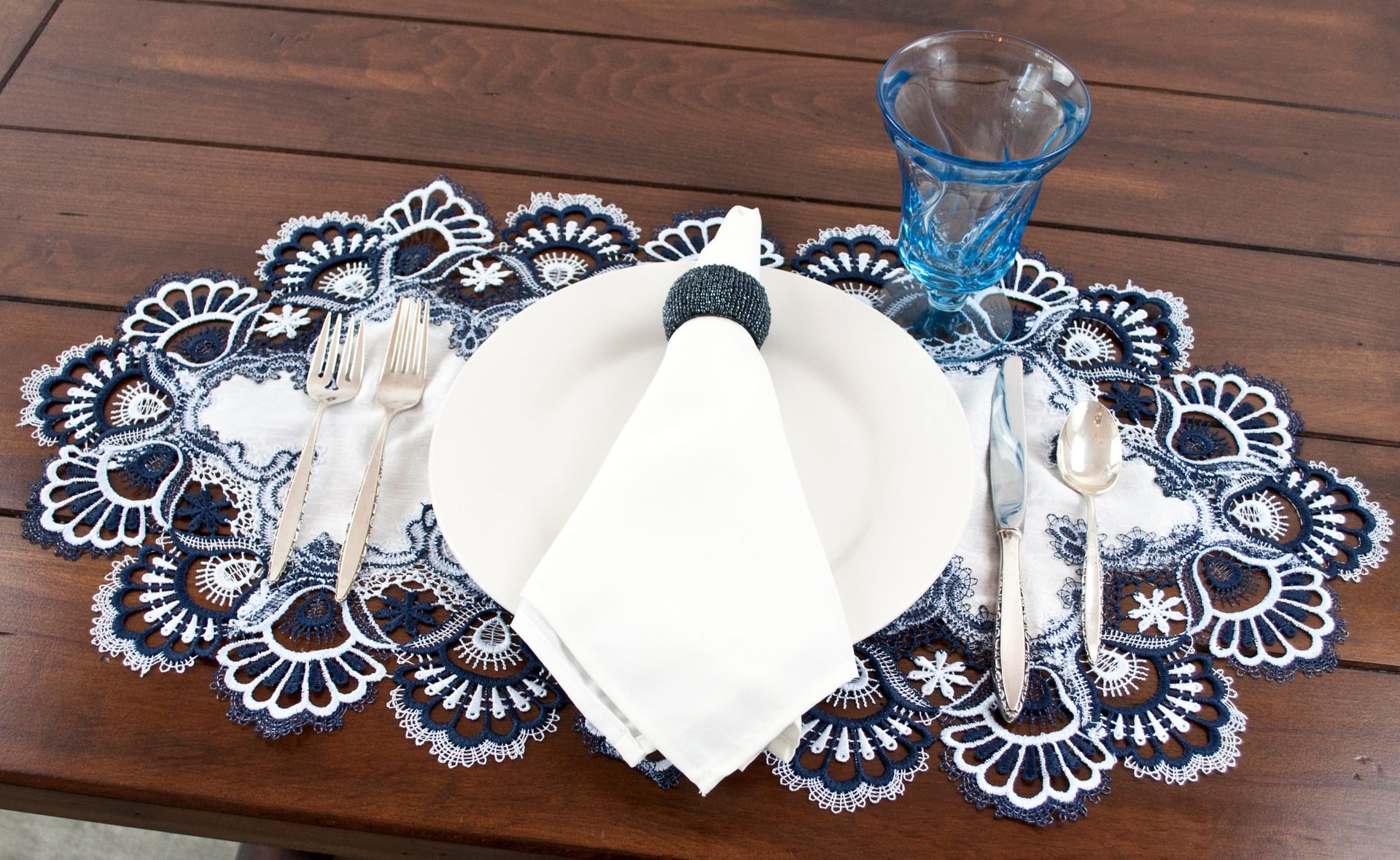 Antique European Navy Blue White  Lace Placemats 2 (14"x21")