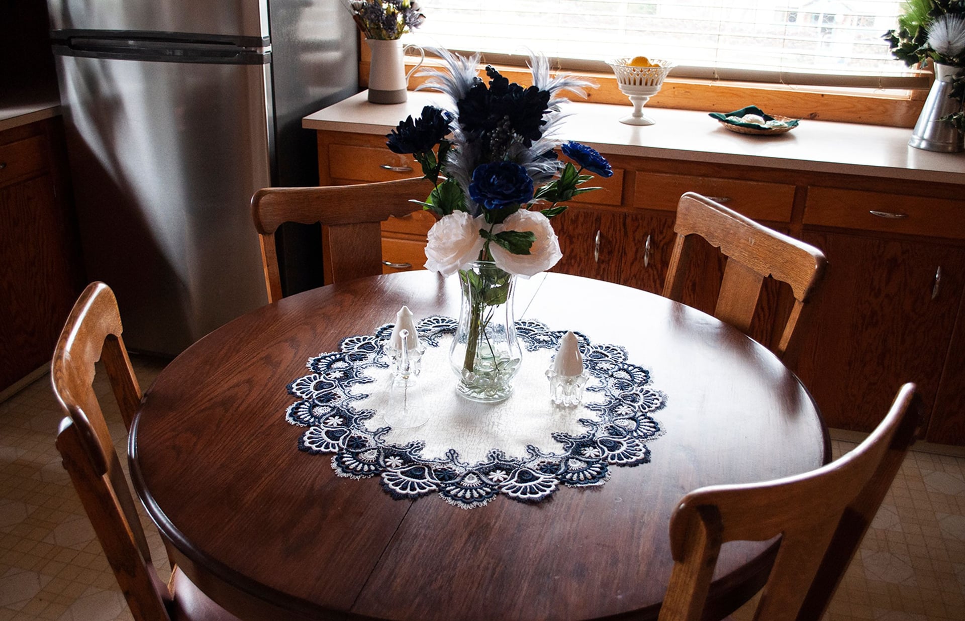 Antique European Navy Blue White Lace Doily (23" Round)